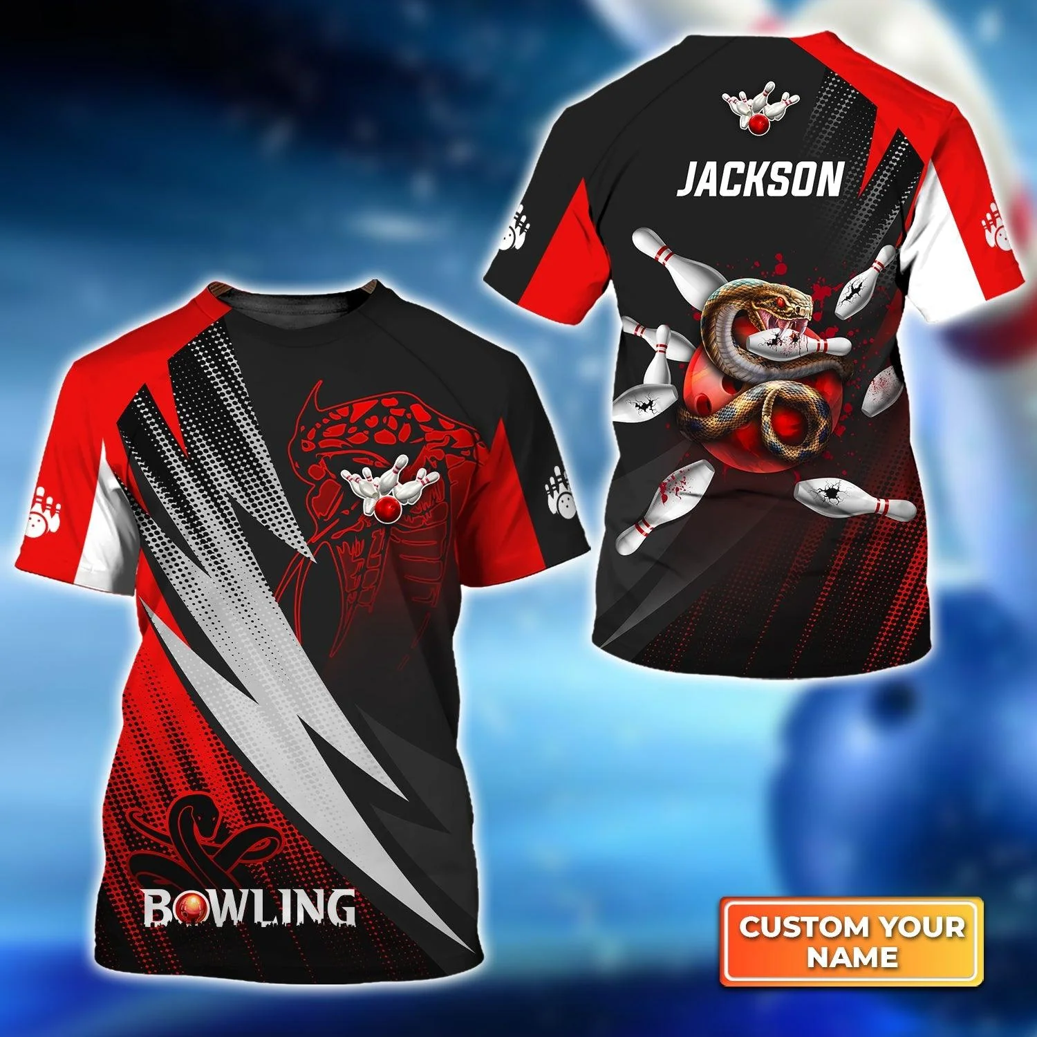 Bowling Custom Name T Shirt, Strike Bloody Snake Bowling Ball On Fire Personalized Name T-Shirt For Men, Gift For Bowling Lovers, Bowlers, Team