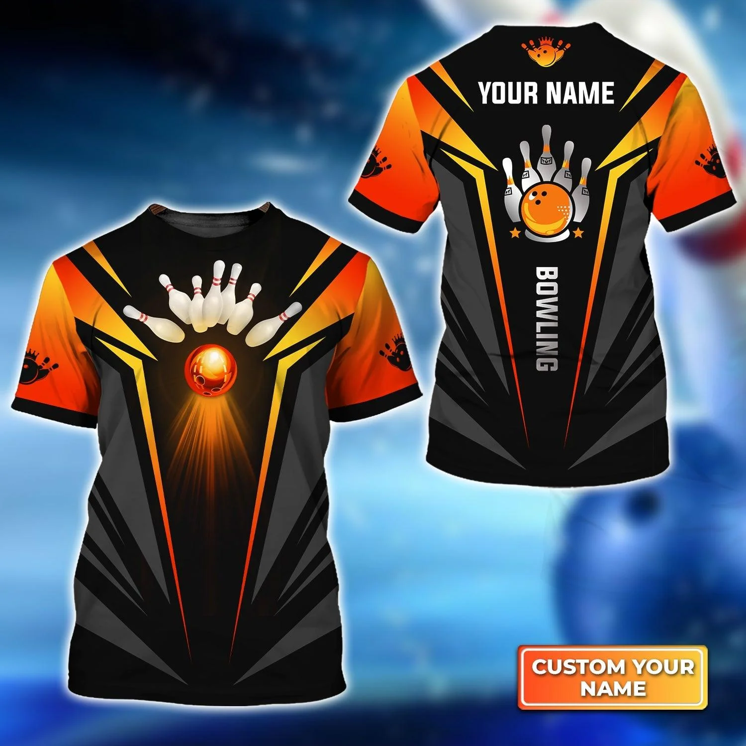 Bowling Custom Name T Shirt, The Orange Bowling Ball in Flames Personalized T-Shirt For Men, Perfect Gift For Bowling Lovers, Bowlers, Team, Friend