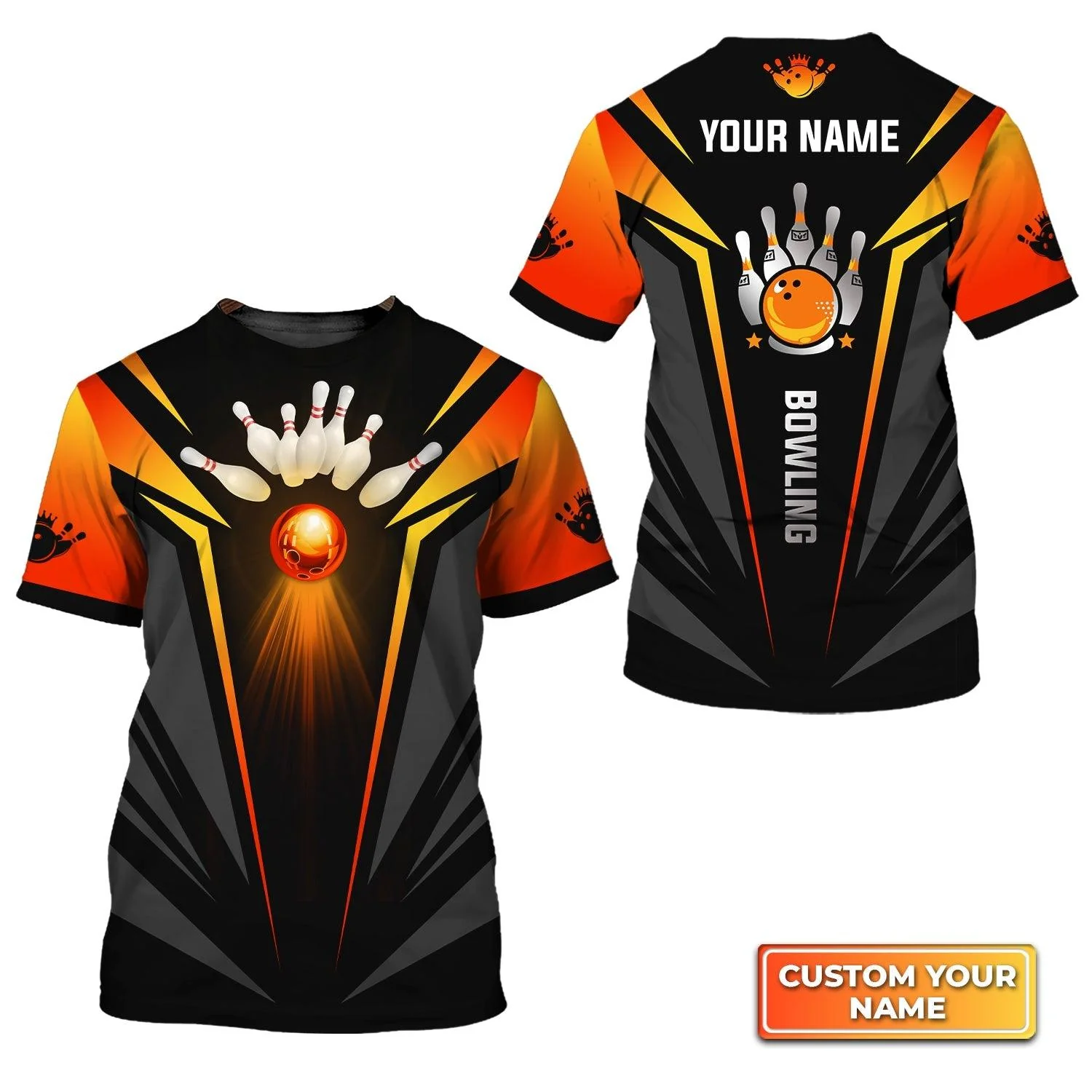 Bowling Custom Name T Shirt, The Orange Bowling Ball in Flames Personalized T-Shirt For Men, Perfect Gift For Bowling Lovers, Bowlers, Team, Friend - Image 3
