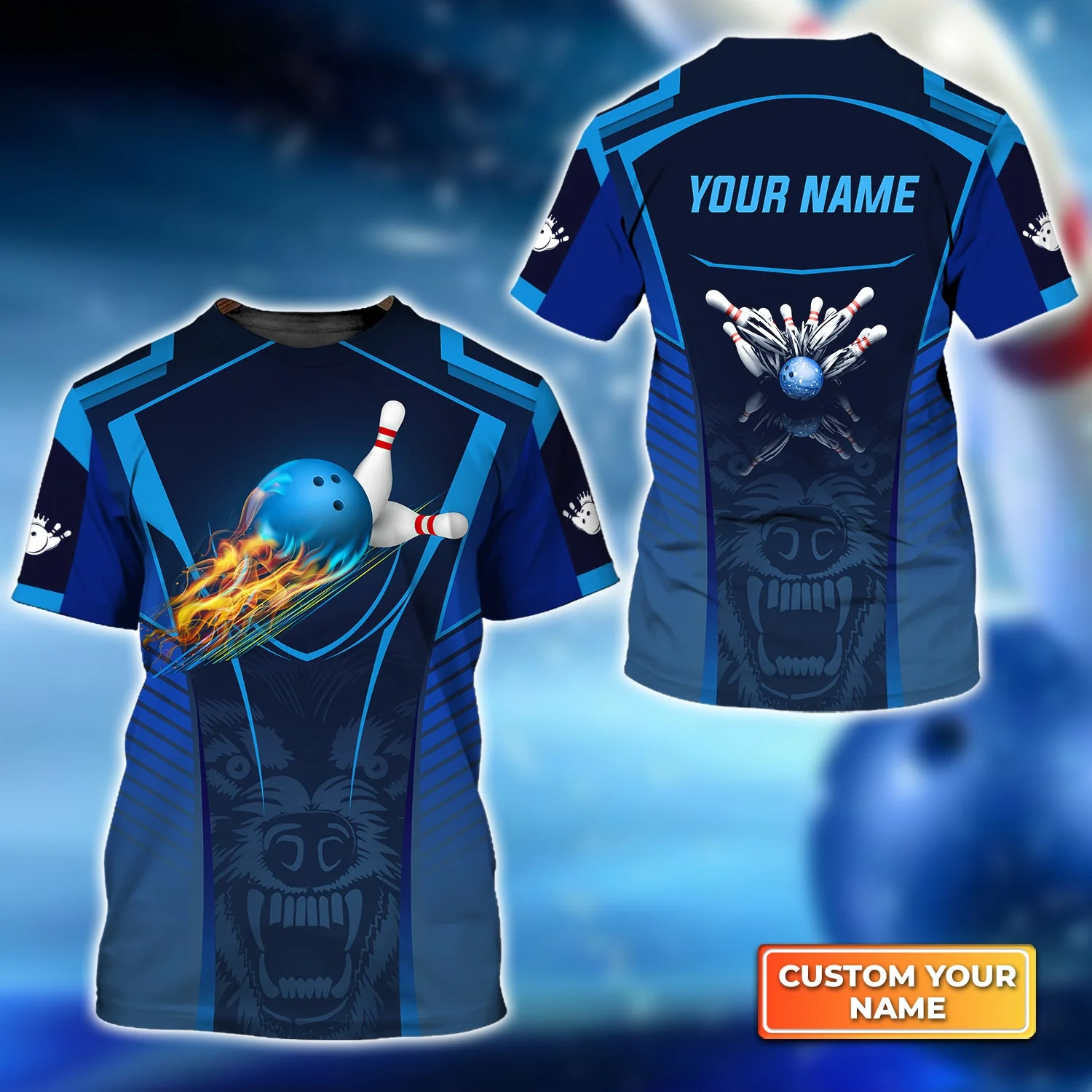 Bowling Custom Name T Shirt, The Wolf Blue Bowling Team Ball And Pins Personalized T-Shirt For Men, Gift For Bowling Lovers, Bowlers, Friend - Image 2