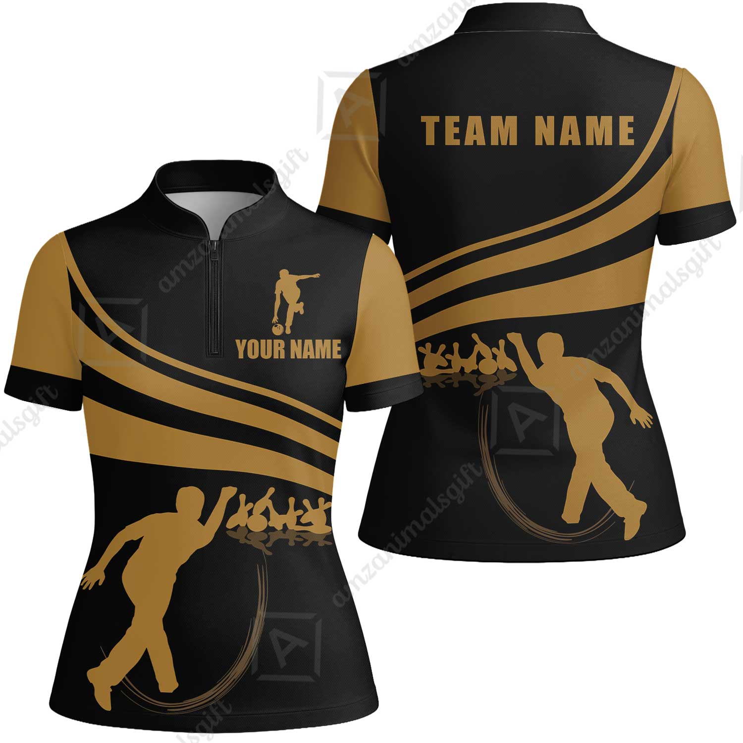 Bowling Custom Name Women Jersey Shirt - Black and Gold Men Bowlers Personalized Women Jersey Shirt - Image 2