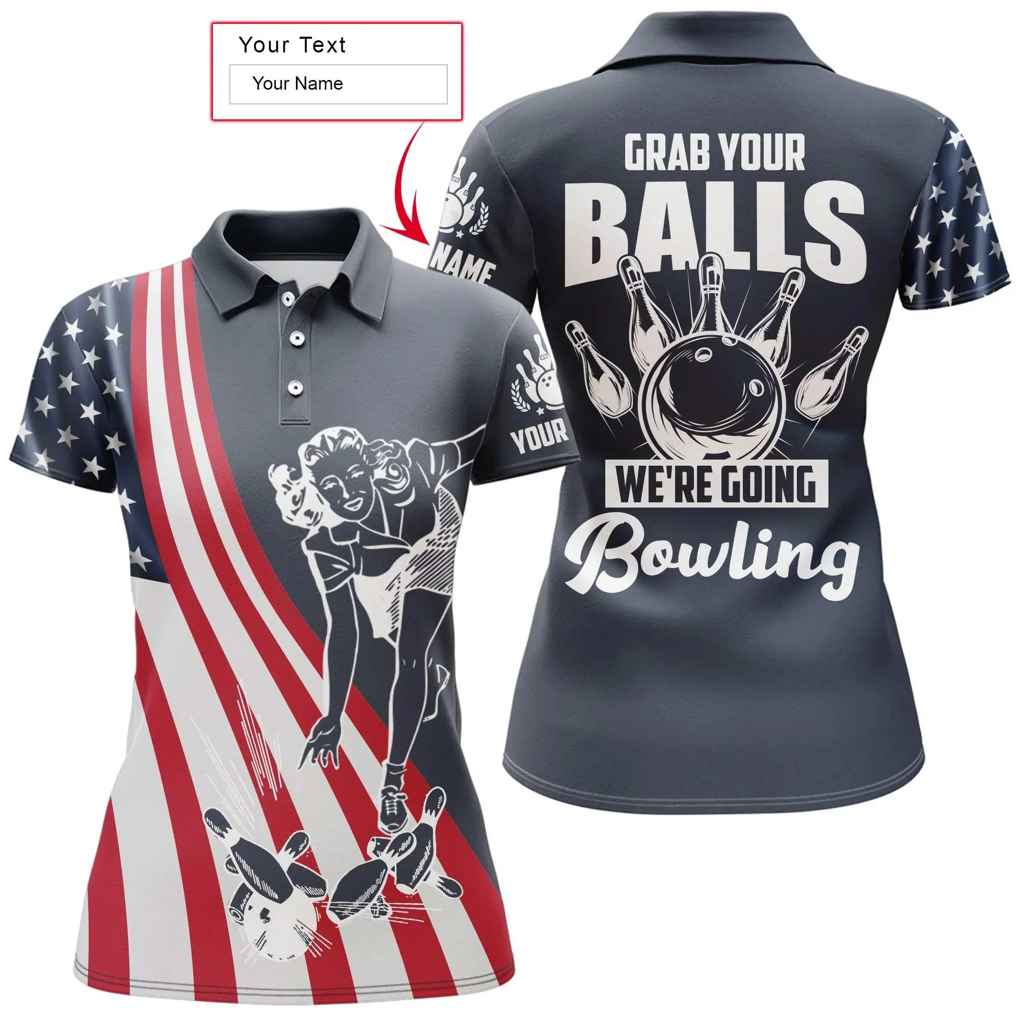 Bowling Custom Name Women Polo Shirt - American Flag, We're Going Bowling Personalized Bowling Polo Shirt - Gift For Friend, Family, Bowling Lovers