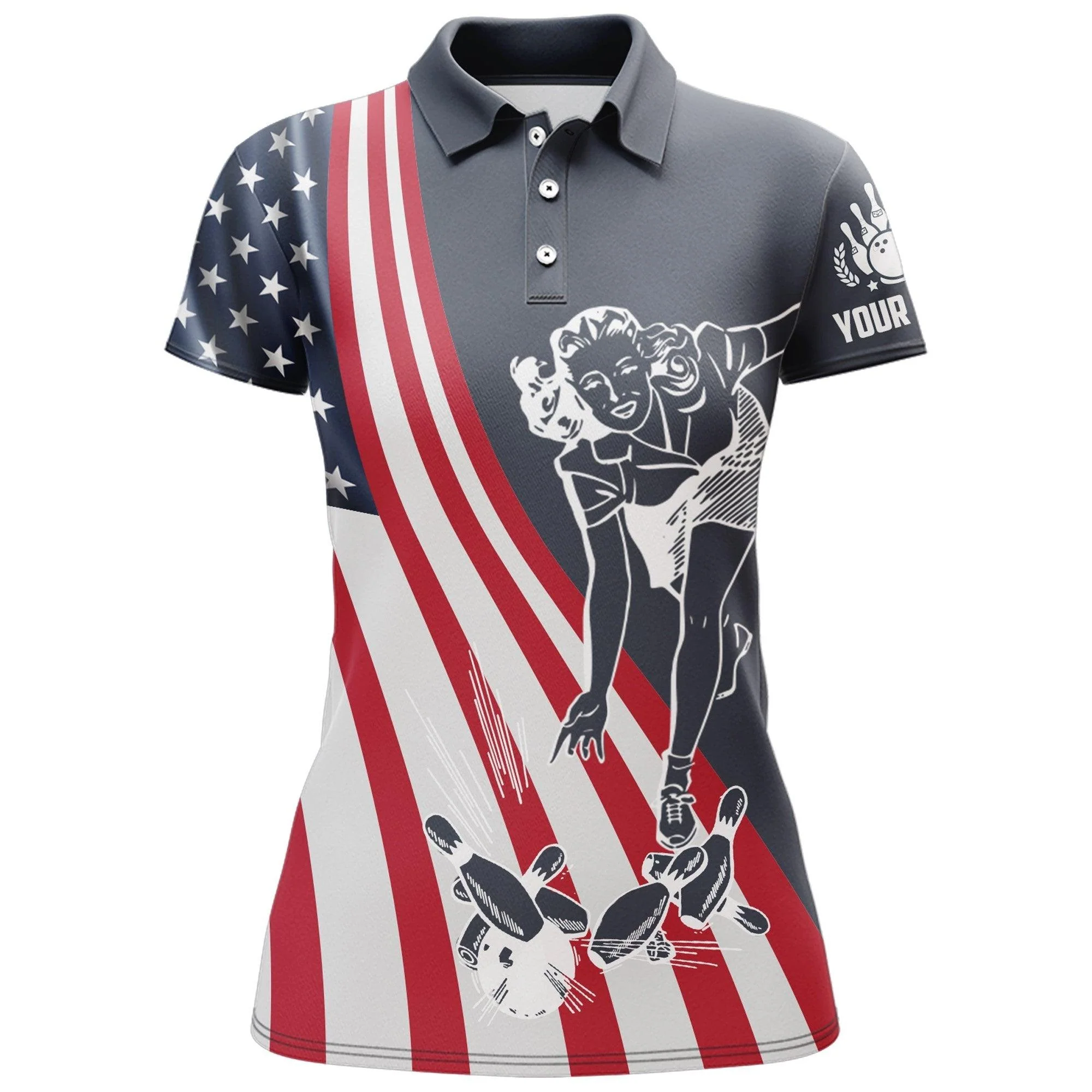 Bowling Custom Name Women Polo Shirt - American Flag, We're Going Bowling Personalized Bowling Polo Shirt - Gift For Friend, Family, Bowling Lovers - Image 2