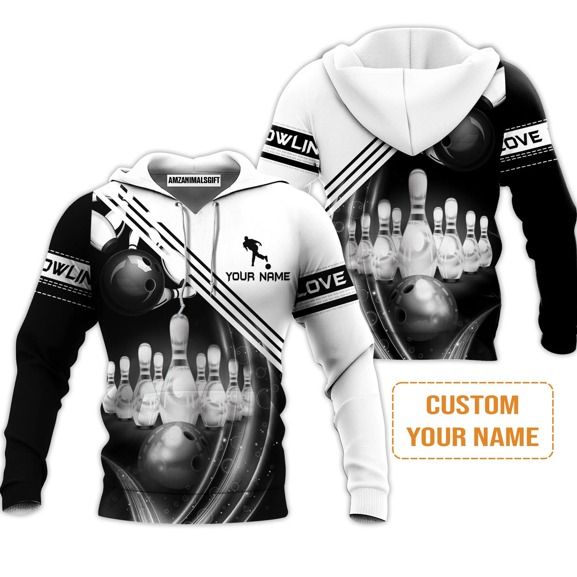 Bowling Custom Sweatshirt - Custom Name Black And White Bowling Ball In Motion And The Pins Personalized Bowling Sweatshirt - Image 3