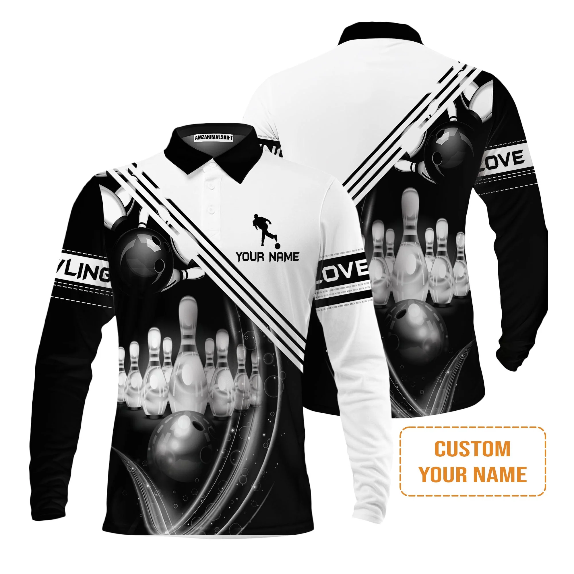 Bowling Custom Sweatshirt - Custom Name Black And White Bowling Ball In Motion And The Pins Personalized Bowling Sweatshirt - Image 5