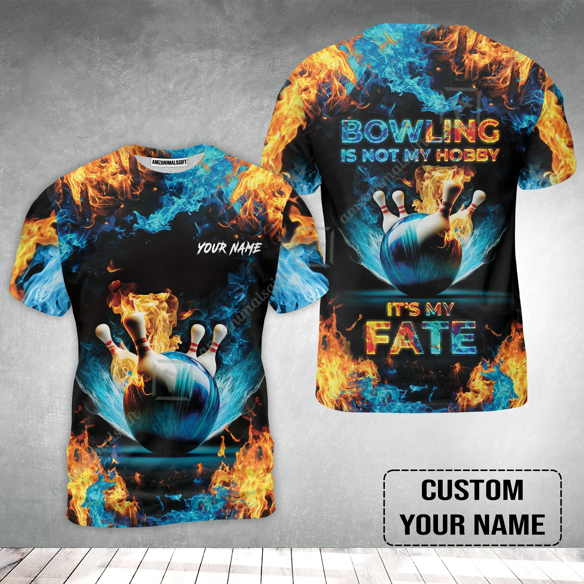 Bowling Custom T-Shirt - Custom Name Blue Bowling Ball And Pins On Fire Personalized Bowling T-Shirt - Image 2