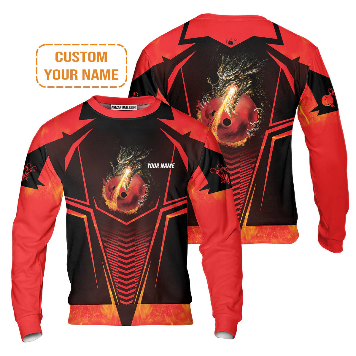 Bowling Custom T-Shirt - Custom Name Dragon Fire Flame Personalized Bowling T-Shirt - Image 3