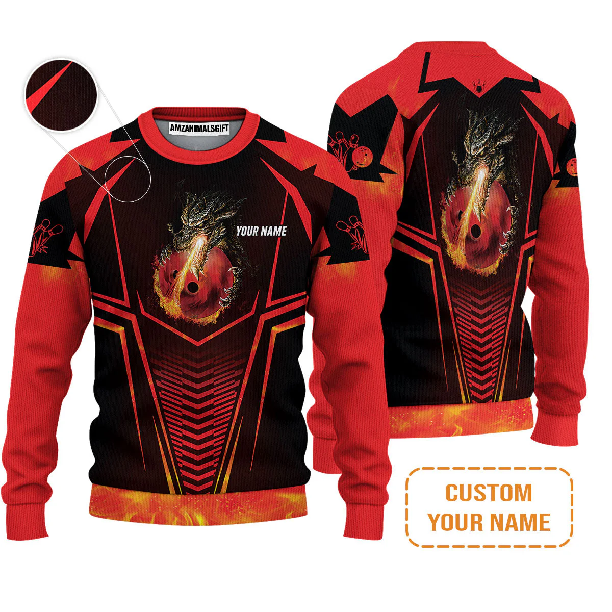 Bowling Custom T-Shirt - Custom Name Dragon Fire Flame Personalized Bowling T-Shirt - Image 5