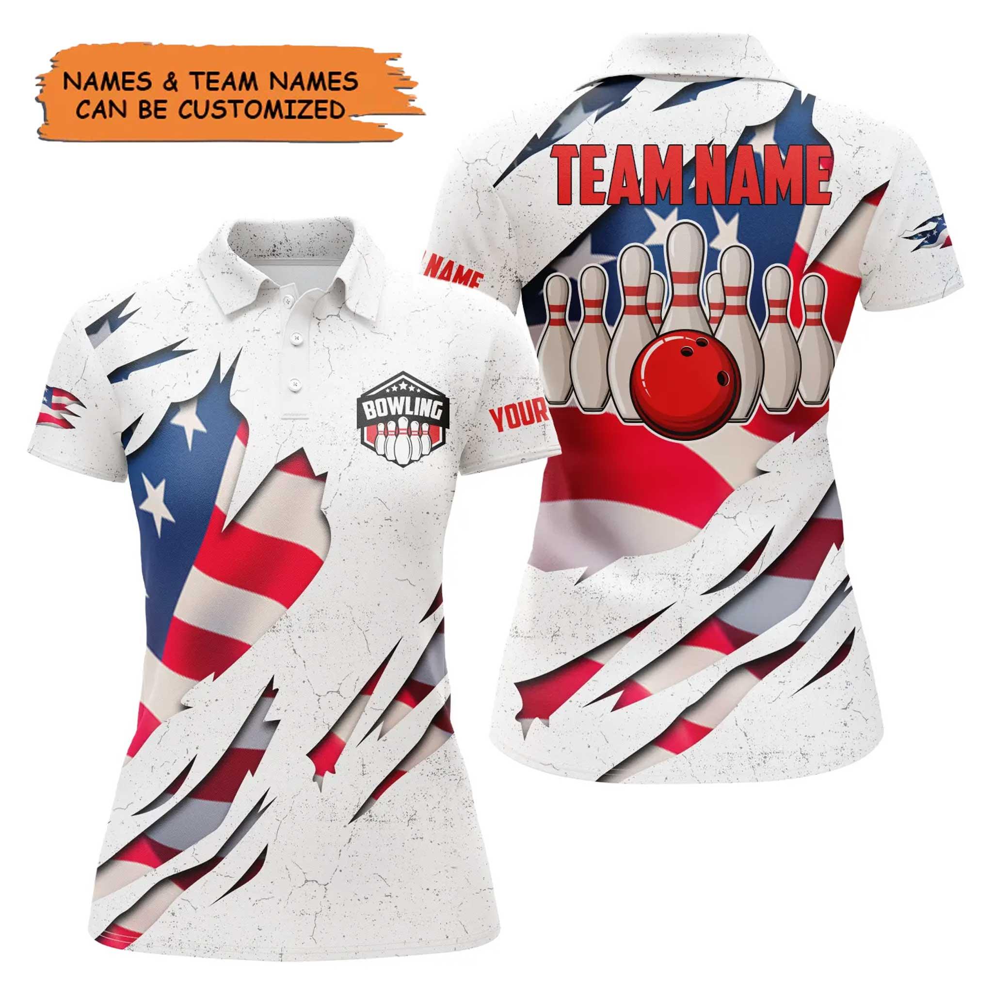 Bowling Custom Women Polo Shirt - Custom Name American Flag Bowling Ball & Pins White Personalized Bowling Polo Shirt - Gift For Friend, Family, Bowling Lovers