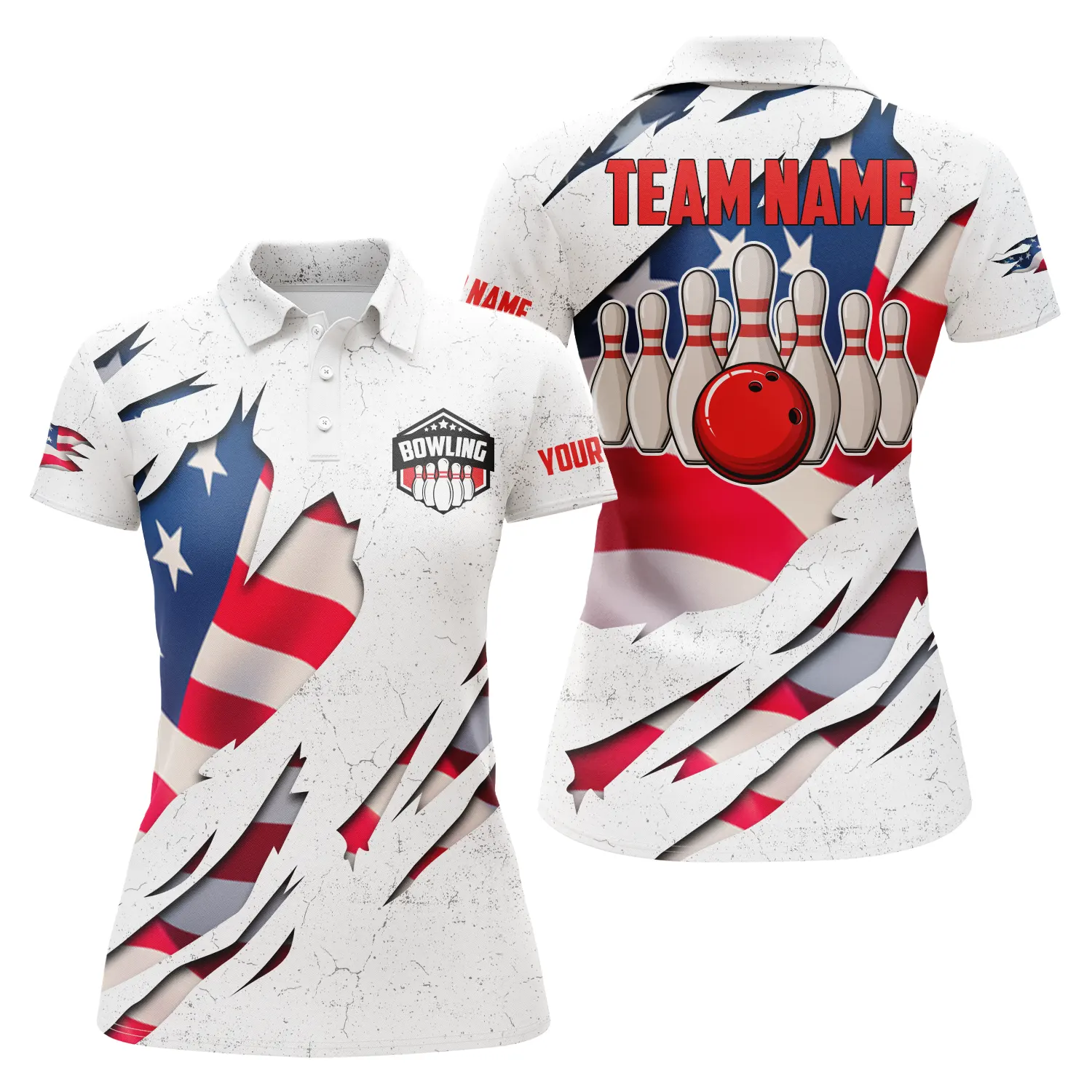 Bowling Custom Women Polo Shirt - Custom Name American Flag Bowling Ball & Pins White Personalized Bowling Polo Shirt - Gift For Friend, Family, Bowling Lovers - Image 2