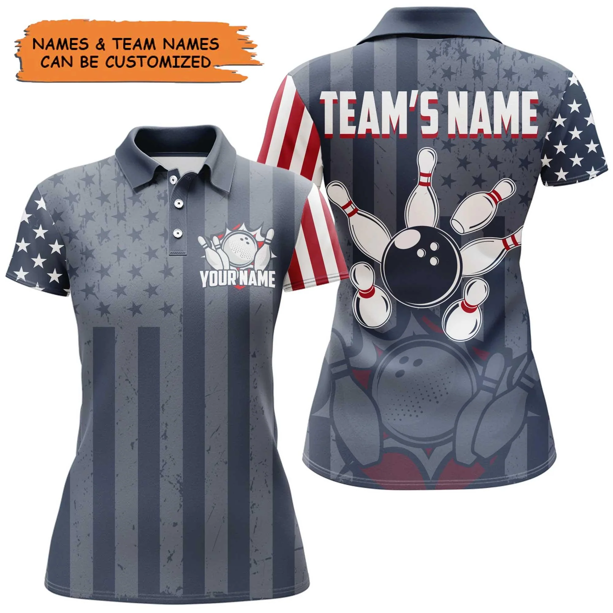Bowling Custom Women Polo Shirt - Custom Name American Flag Bowling Patriotic Navy Personalized Bowling Polo Shirt - Gift For Friend, Family, Bowling Lovers