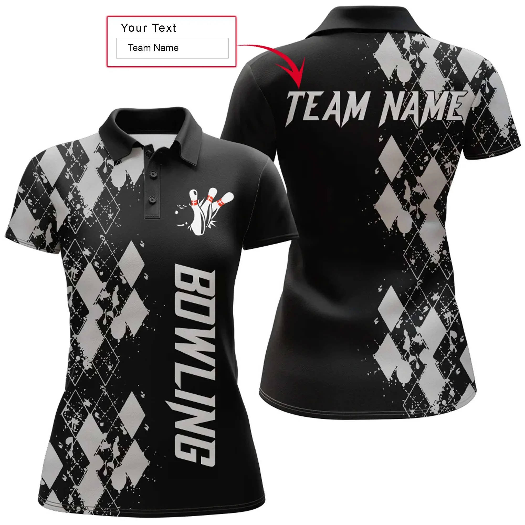 Bowling Custom Women Polo Shirt - Custom Name Argyle Pattern Personalized Bowling Polo Shirt - Gift For Friend, Family, Bowling Lovers