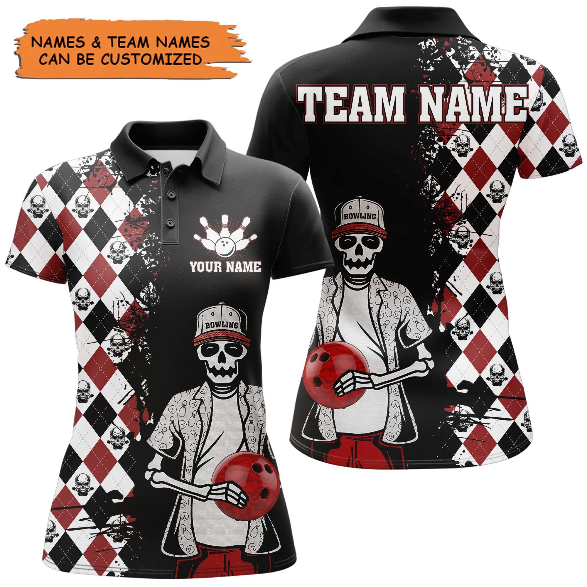 Bowling Custom Women Polo Shirt - Custom Name Argyle Pattern Skull Bowling Personalized Bowling Polo Shirt - Gift For Friend, Family, Bowling Lovers - Image 2
