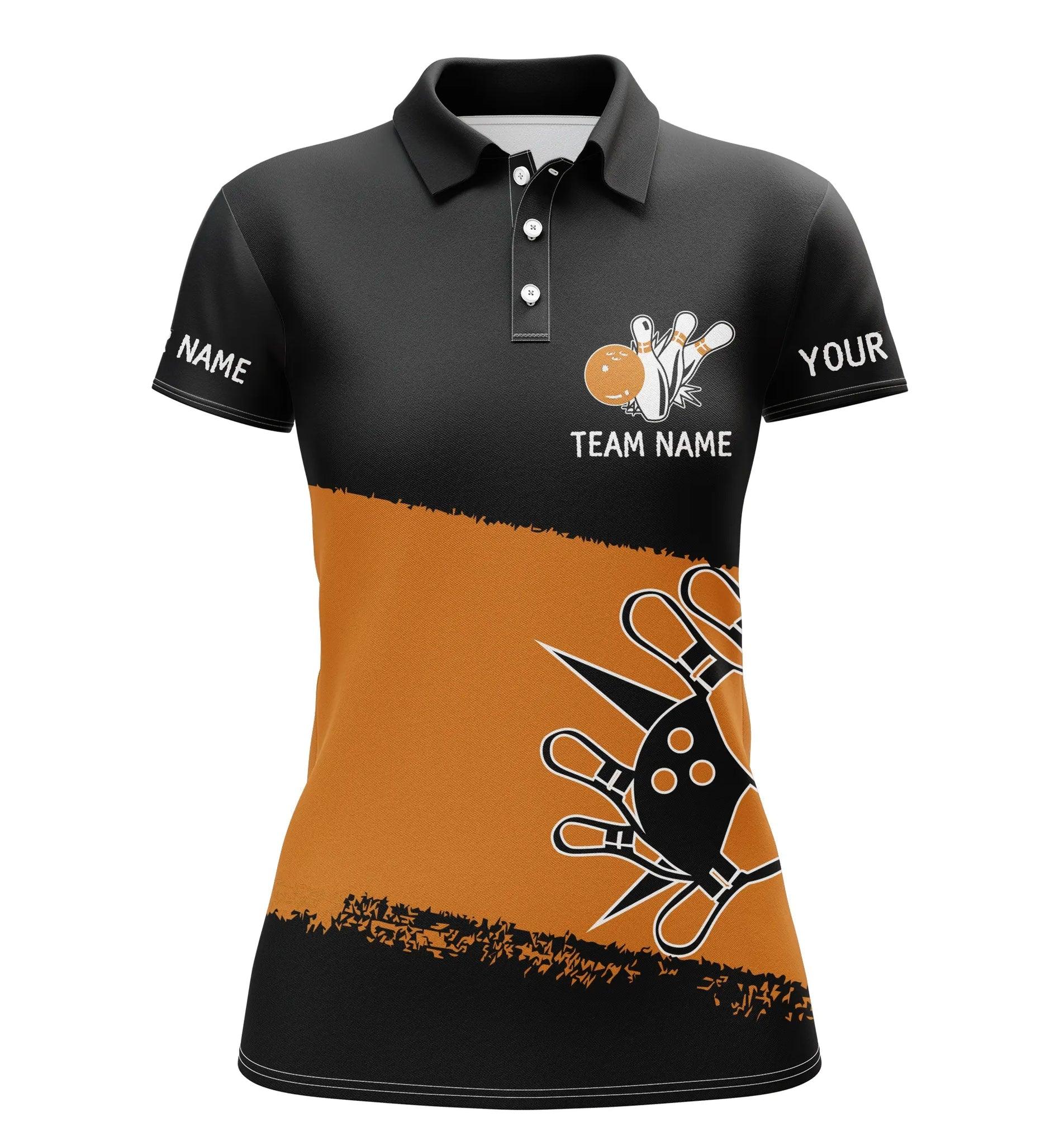 Bowling Custom Women Polo Shirt - Custom Name Black Orange Bowling Balls And Pins Personalized Bowling Polo Shirt - Gift For Friend, Family, Bowling Lovers - Image 2