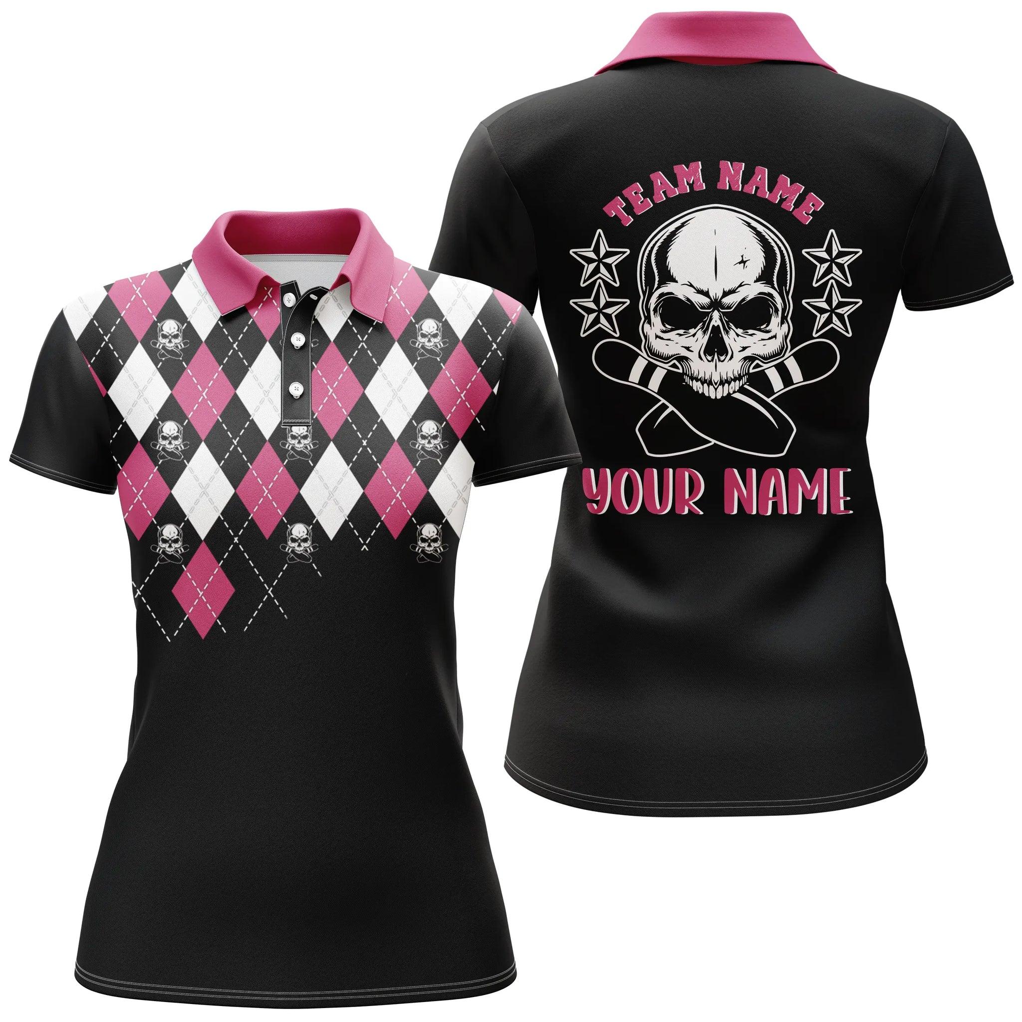 Bowling Custom Women Polo Shirt - Custom Name Black Pink Bowling Skull Personalized Bowling Polo Shirt - Gift For Friend, Family, Bowling Lovers - Image 2