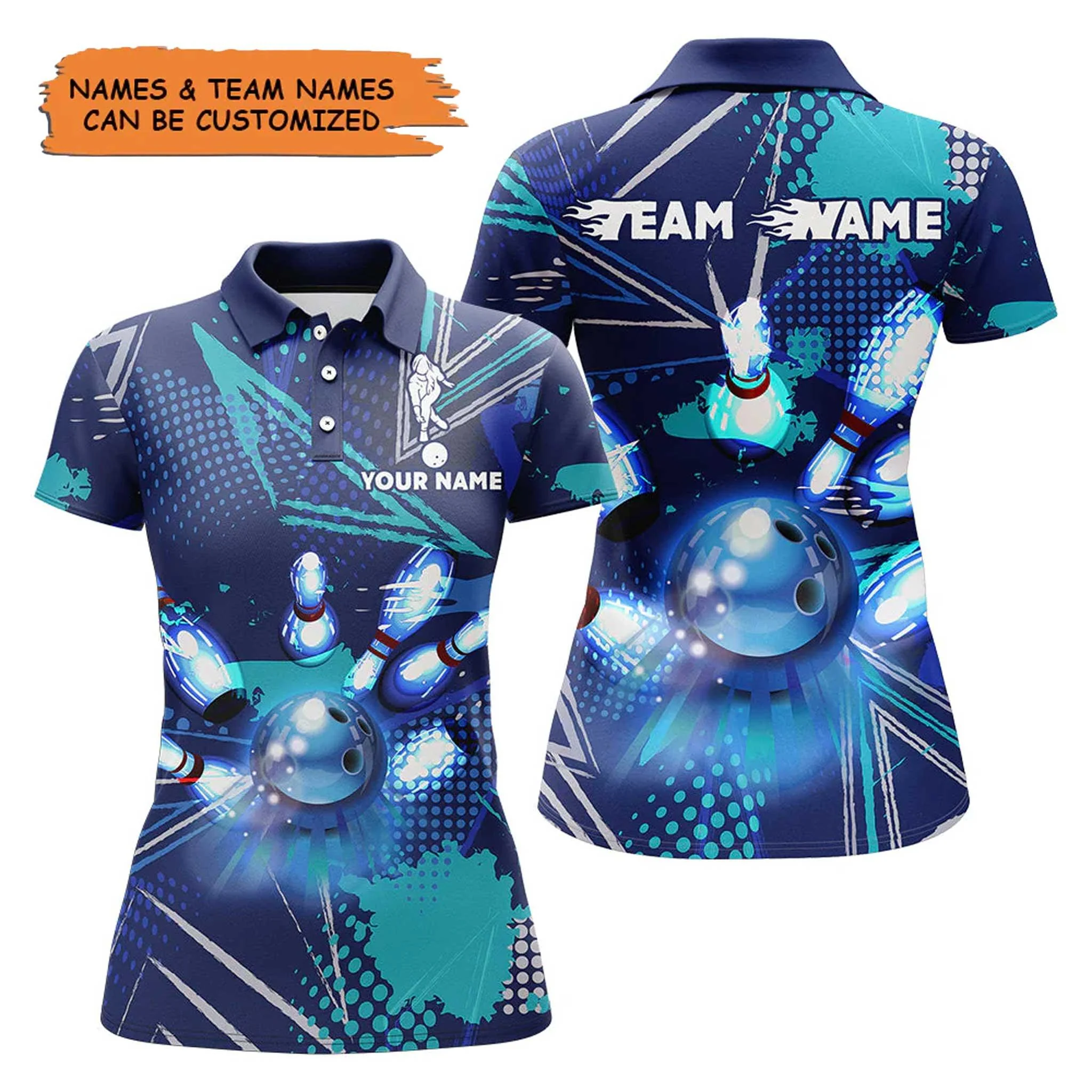 Bowling Custom Women Polo Shirt - Custom Name Blue Bowling League Personalized Bowling Polo Shirt - Gift For Friend, Family, Bowling Lovers