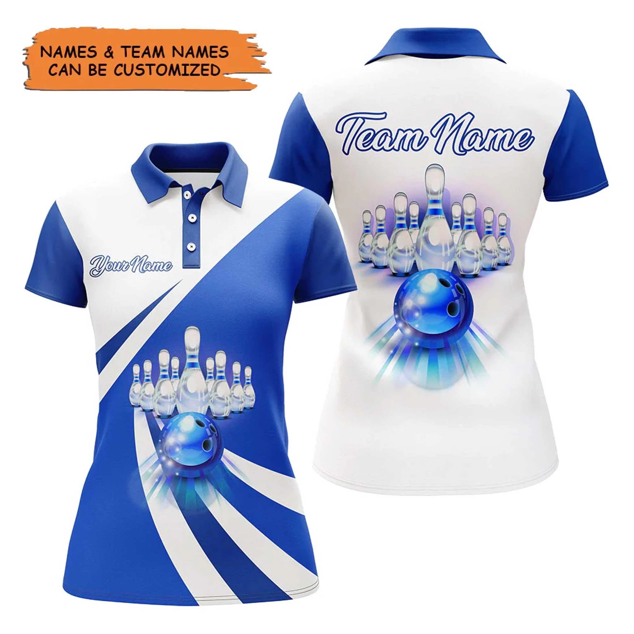 Bowling Custom Women Polo Shirt - Custom Name Blue Bowling Personalized Bowling Polo Shirt - Gift For Friend, Family, Bowling Lovers