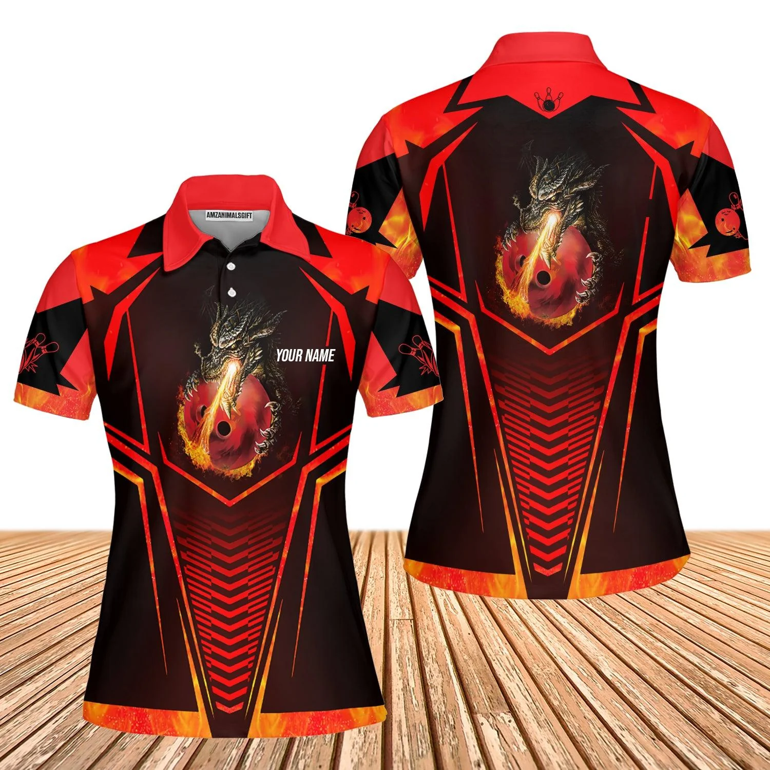 Bowling Custom Women Polo Shirt, Custom Name Dragon Fire Flame Personalized Bowling Polo Shirt - Perfect Gift For Friend, Family