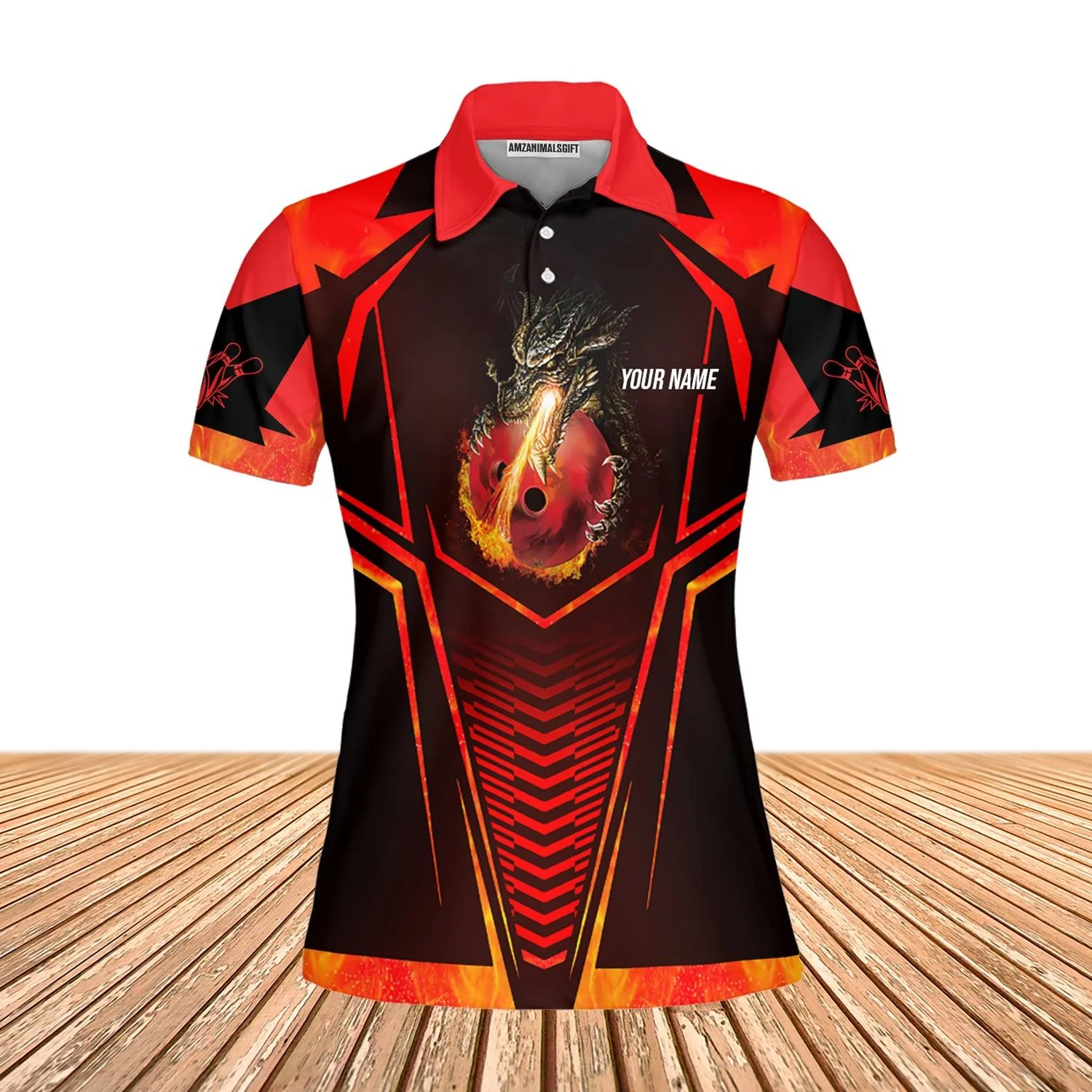 Bowling Custom Women Polo Shirt, Custom Name Dragon Fire Flame Personalized Bowling Polo Shirt - Perfect Gift For Friend, Family - Image 2
