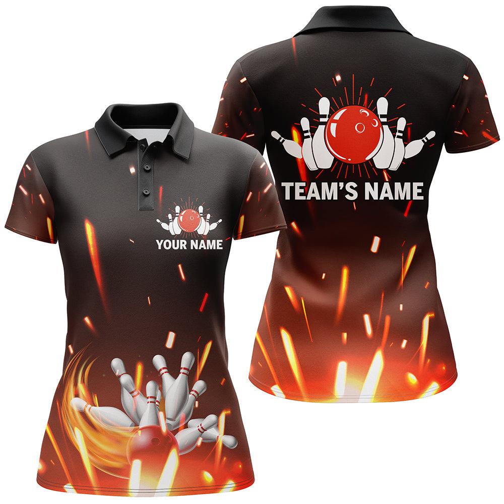Bowling Custom Women Polo Shirt - Custom Name Flame Bowling Ball and Pins Personalized Bowling Polo Shirt - Gift For Friend, Family, Bowling Lovers - Image 2