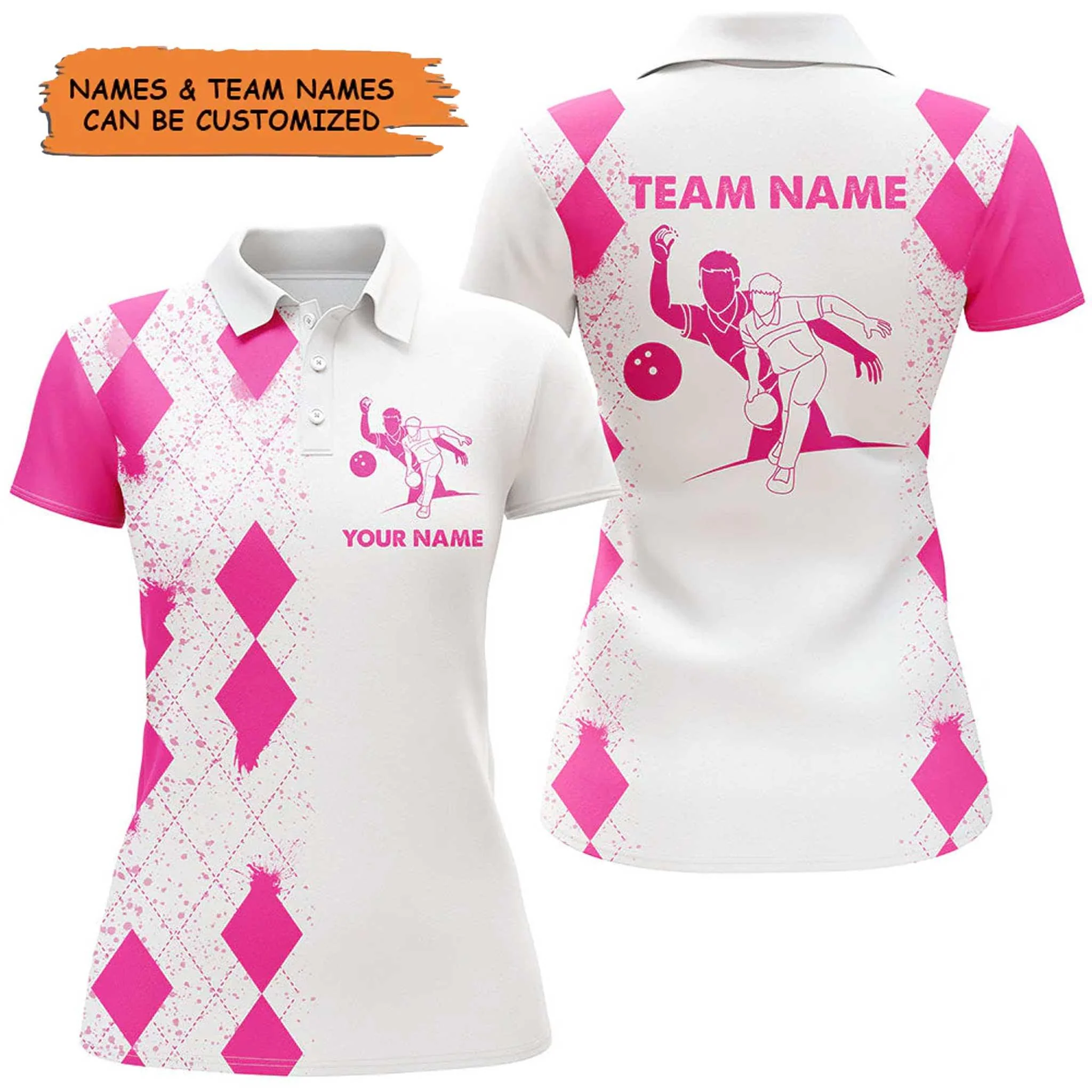 Bowling Custom Women Polo Shirt - Custom Name Pink Bowling Argyle Pattern Personalized Bowling Polo Shirt - Gift For Friend, Family, Bowling Lovers