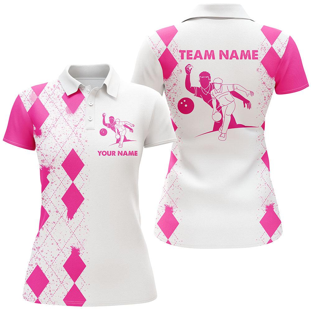 Bowling Custom Women Polo Shirt - Custom Name Pink Bowling Argyle Pattern Personalized Bowling Polo Shirt - Gift For Friend, Family, Bowling Lovers - Image 2