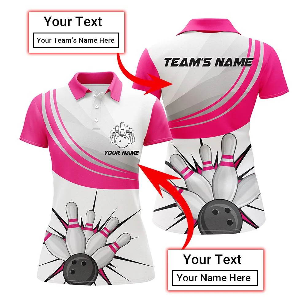 Bowling Custom Women Polo Shirt - Custom Name Pink Bowling Ball Pin Personalized Bowling Polo Shirt - Gift For Friend, Family, Bowling Lovers - Image 2