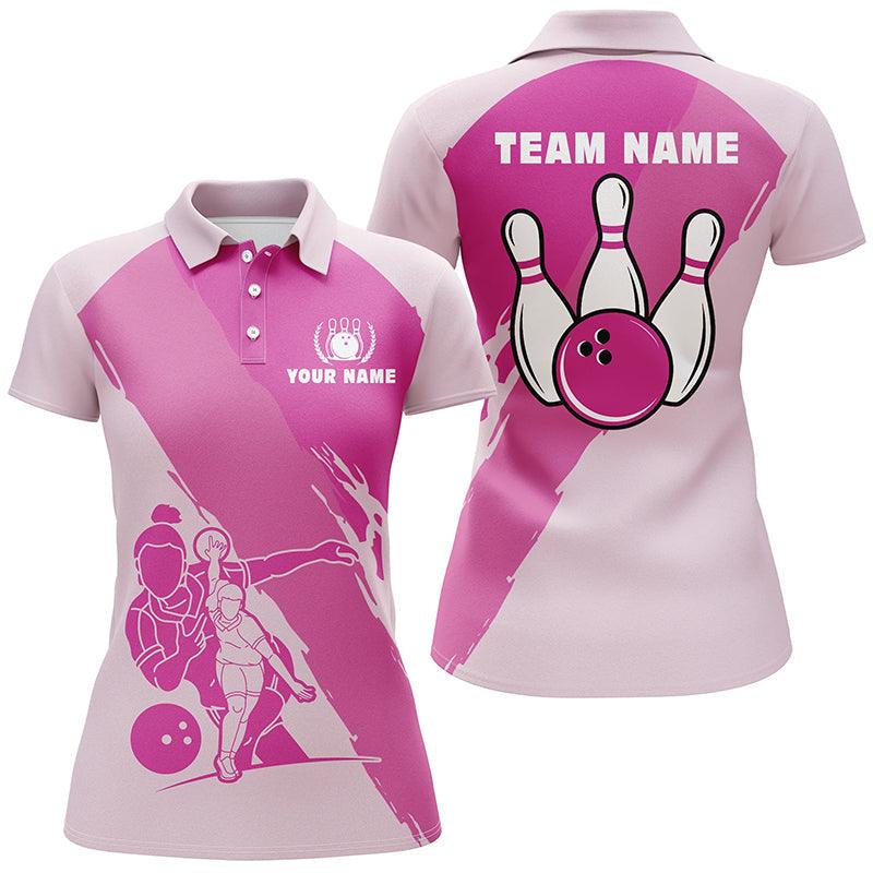 Bowling Custom Women Polo Shirt - Custom Name Pink Bowling Personalized Bowling Polo Shirt - Gift For Friend, Family, Bowling Lovers - Image 2