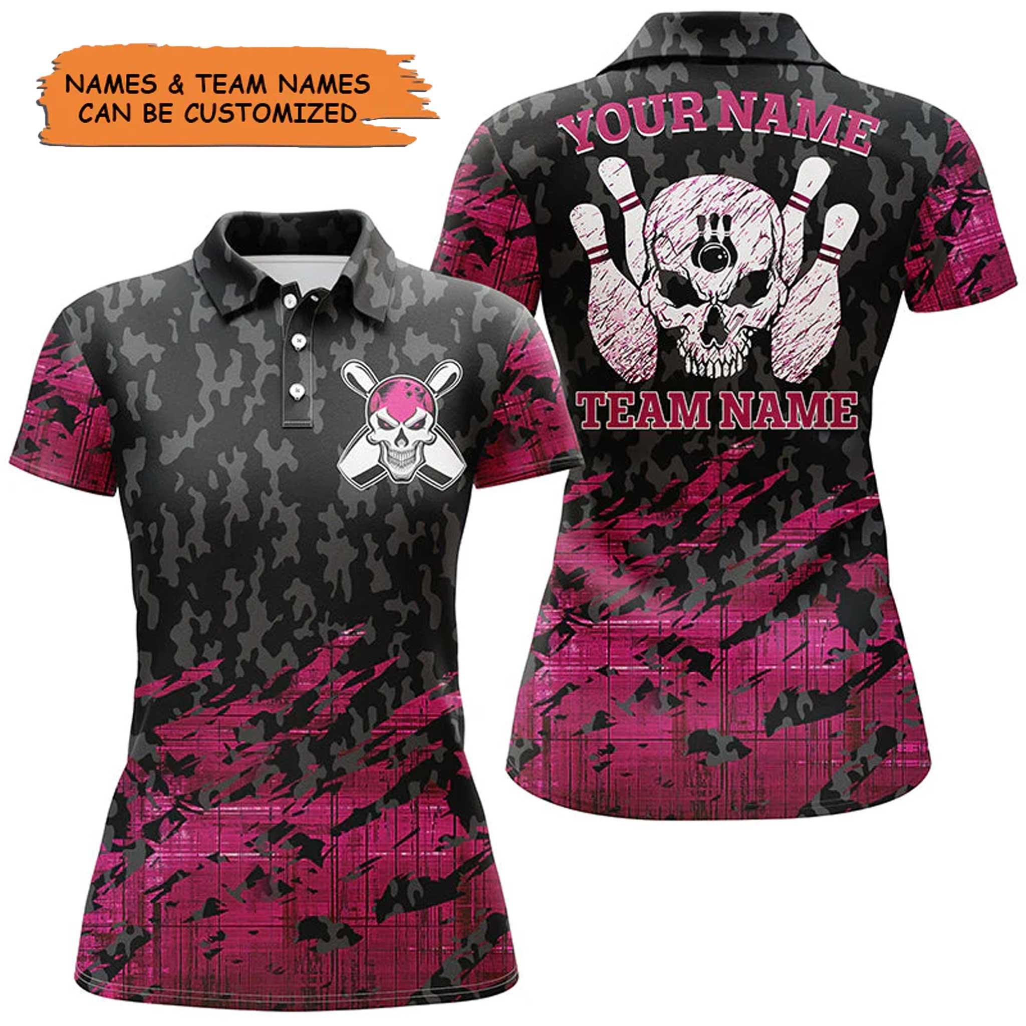 Bowling Custom Women Polo Shirt - Custom Name Pink Bowling Skeleton Personalized Bowling Polo Shirt - Gift For Friend, Family, Bowling Lovers