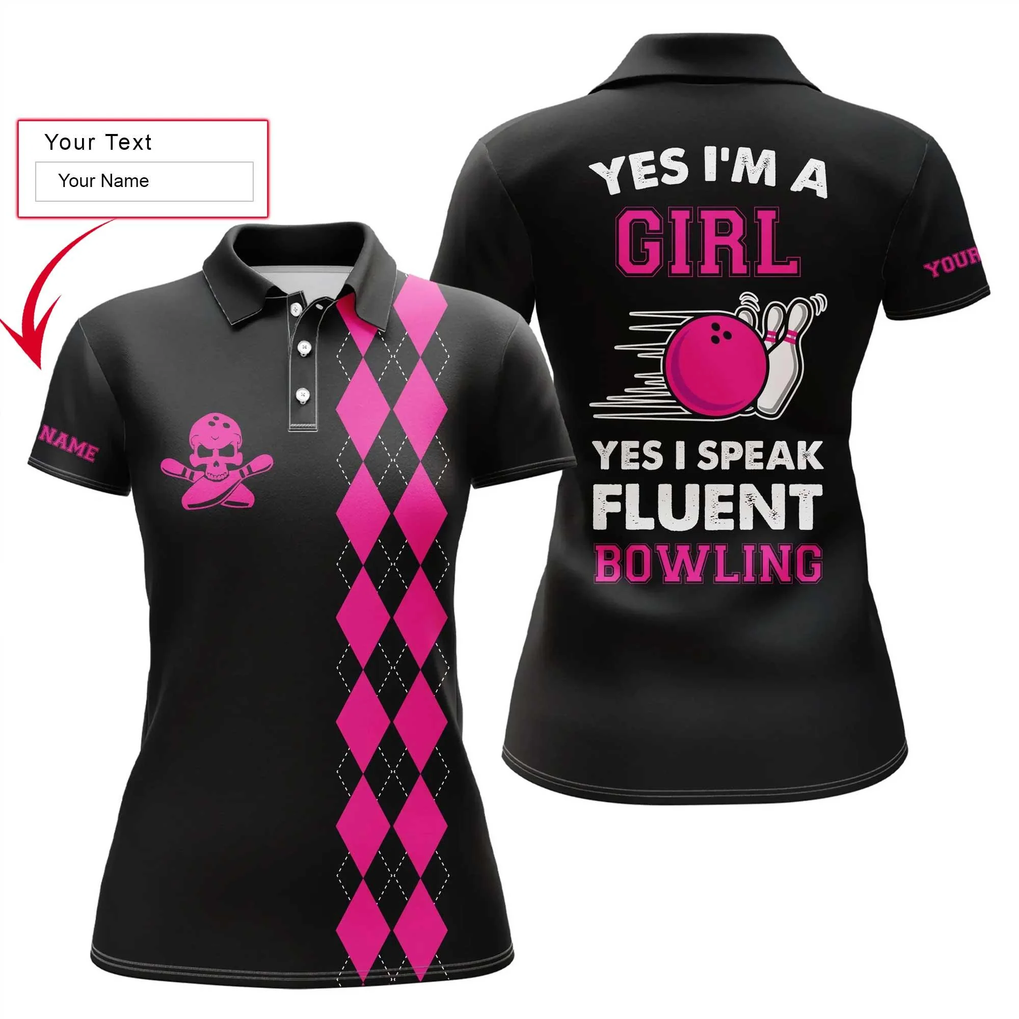 Bowling Custom Women Polo Shirt - Custom Name Polo Shirt, Black Pink Argyle Plaid Personalized Bowling Polo Shirt- Gift For Friend, Family, Bowling Lovers