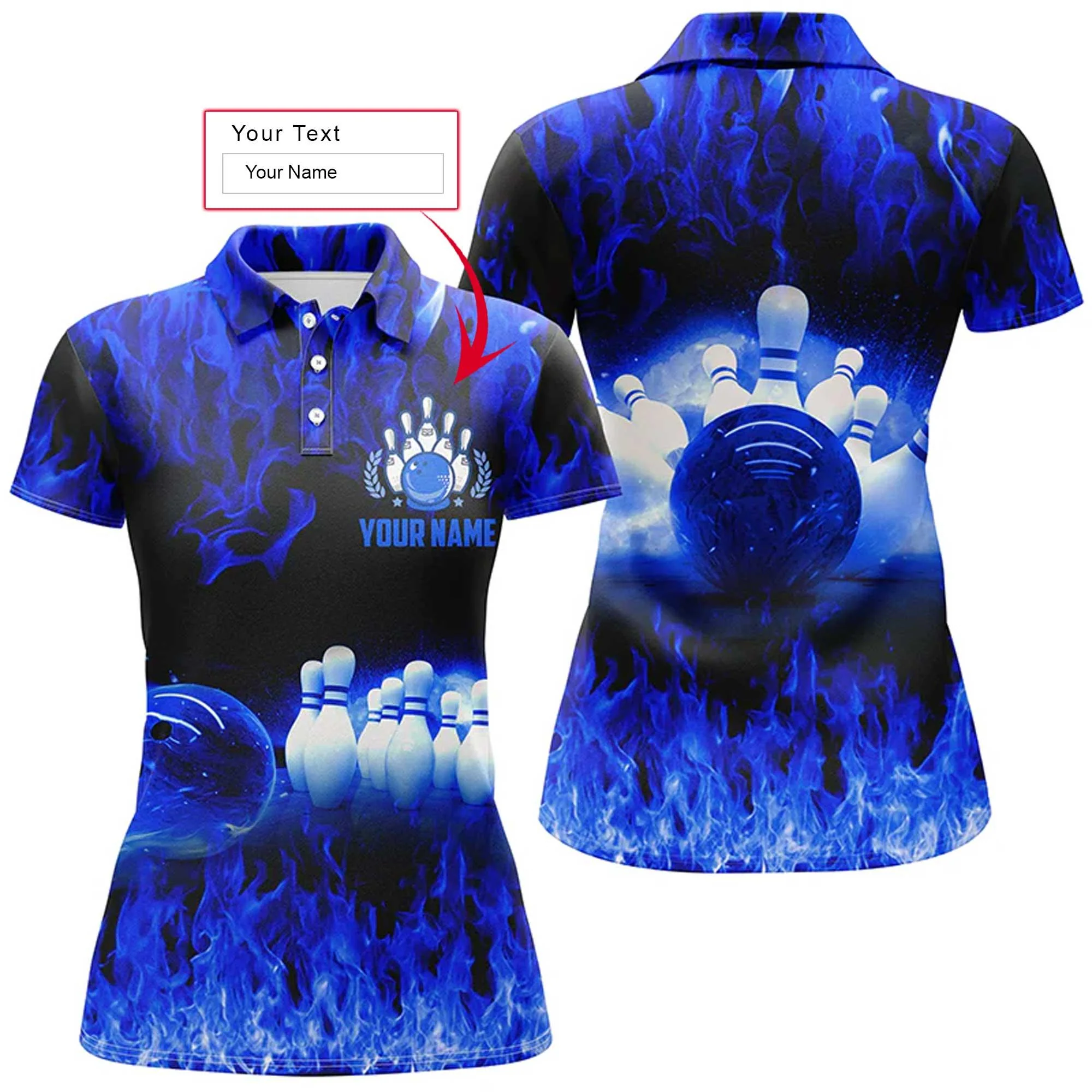Bowling Custom Women Polo Shirt - Custom Name Polo Shirt, Blue Flame Personalized Bowling Polo Shirt - Gift For Friend, Family, Bowling Lovers