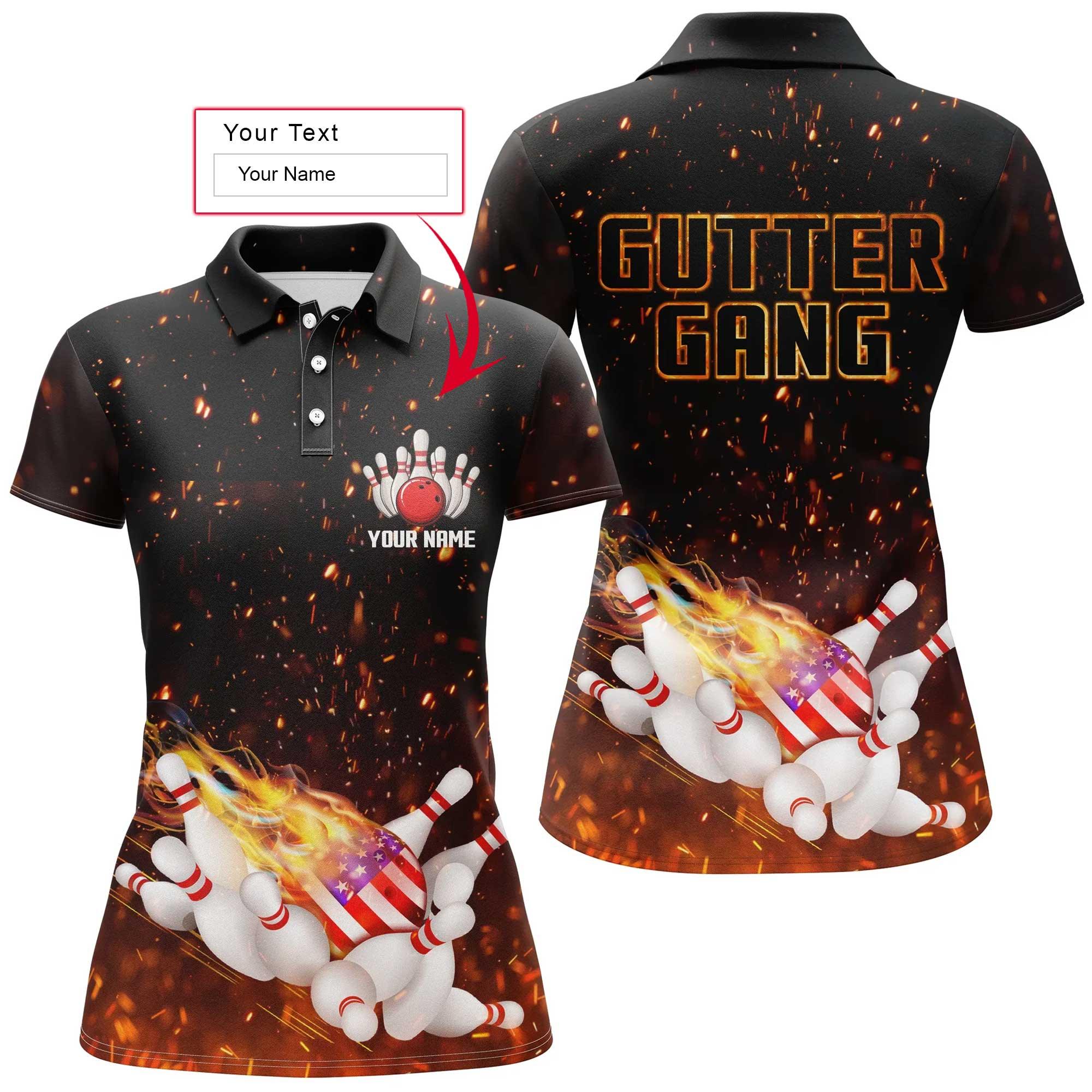 Bowling Custom Women Polo Shirt - Custom Name Polo Shirt, Flame American Flag, Gutter Gang Personalized Bowling Polo Shirt - Gift For Friend, Family, Bowling Lovers