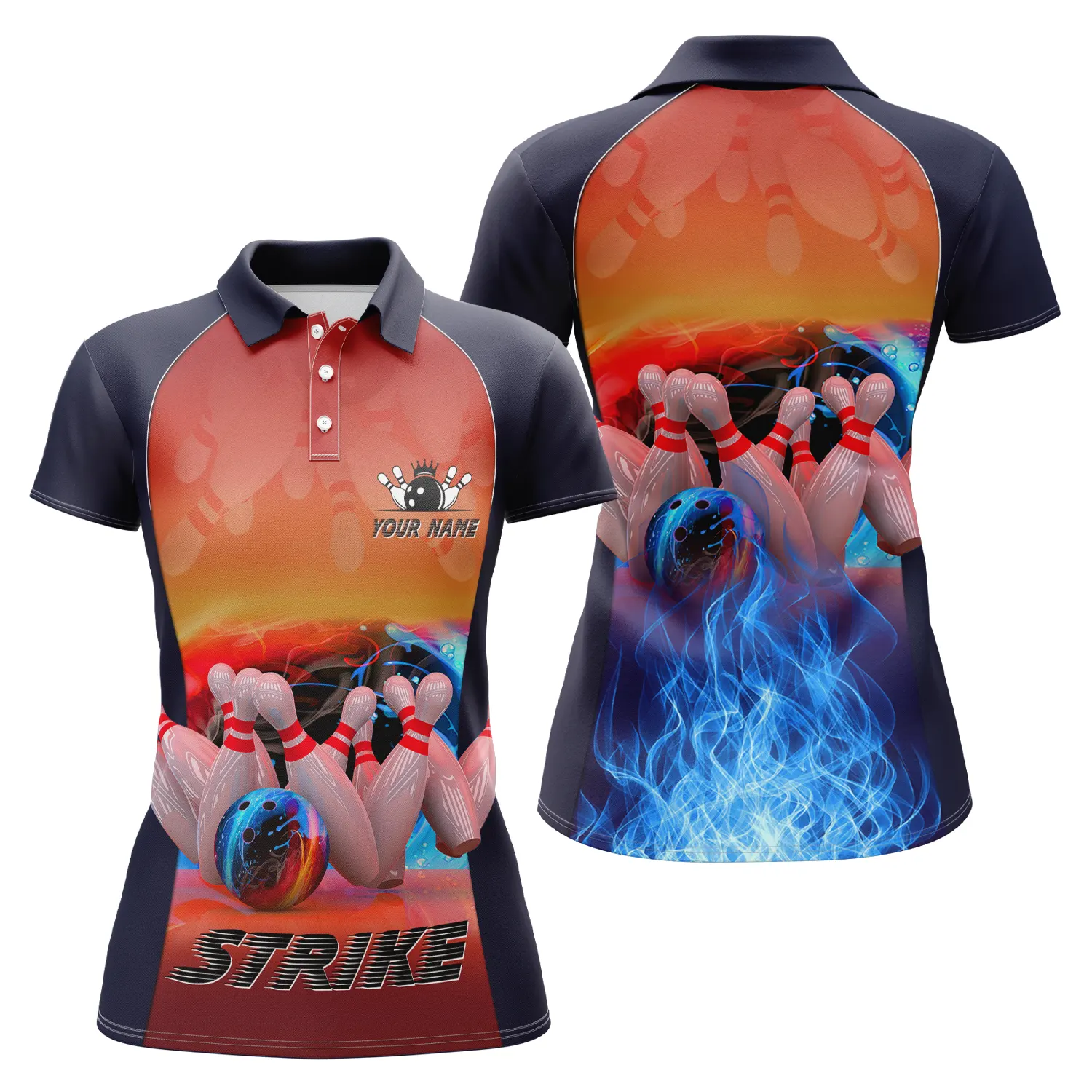 Bowling Custom Women Polo Shirt - Custom Name Polo Shirt, Strike Ball And Pins Blue Fire Personalized Bowling Polo Shirt - Gift For Friend, Family, Bowling Lovers - Image 2