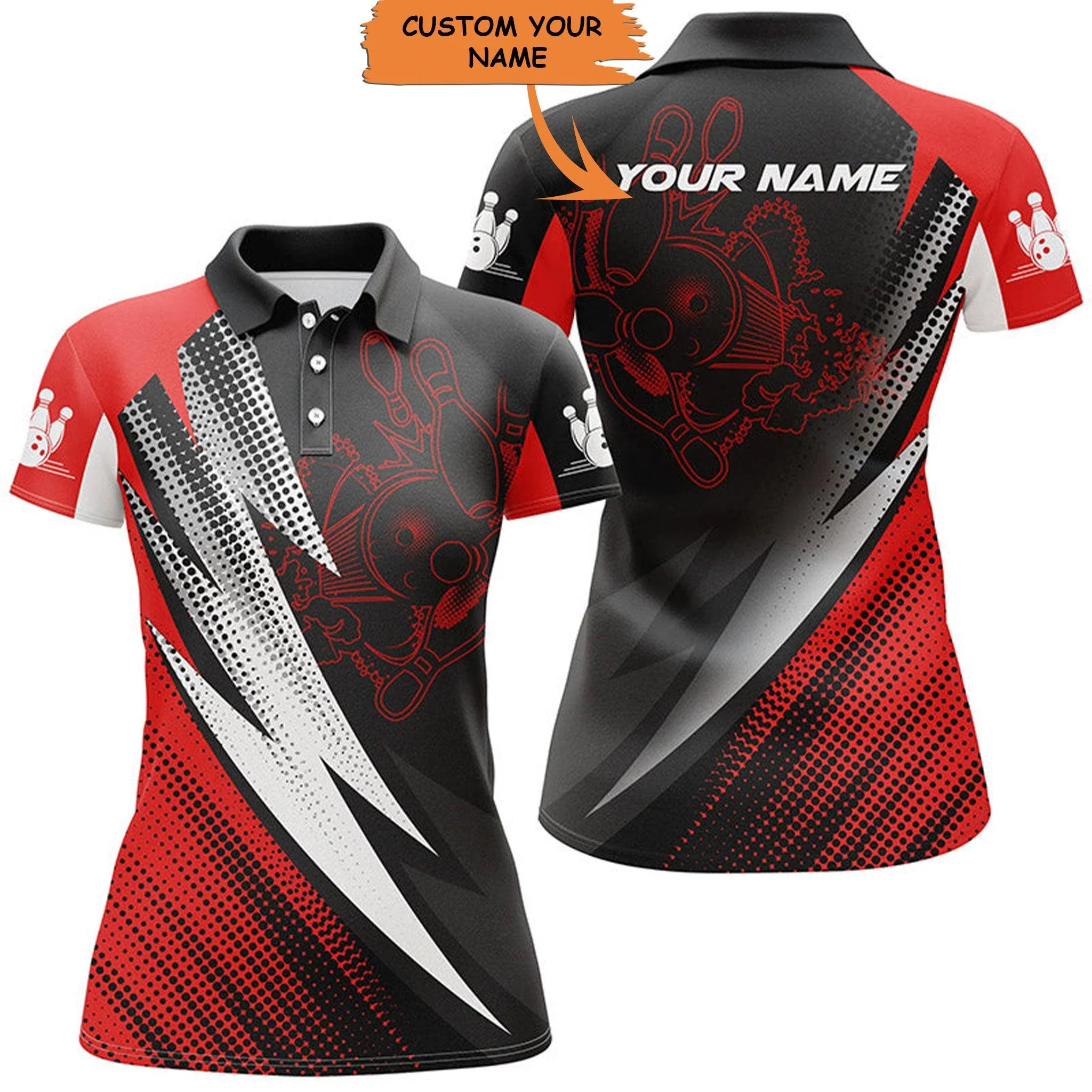 Bowling Custom Women Polo Shirt - Custom Name Red And Black Bowling Balls And Pins Personalized Bowling Polo Shirt - Gift For Friend, Family, Bowling Lovers