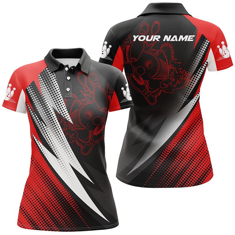 Bowling Custom Women Polo Shirt - Custom Name Red And Black Bowling Balls And Pins Personalized Bowling Polo Shirt - Gift For Friend, Family, Bowling Lovers - Image 2