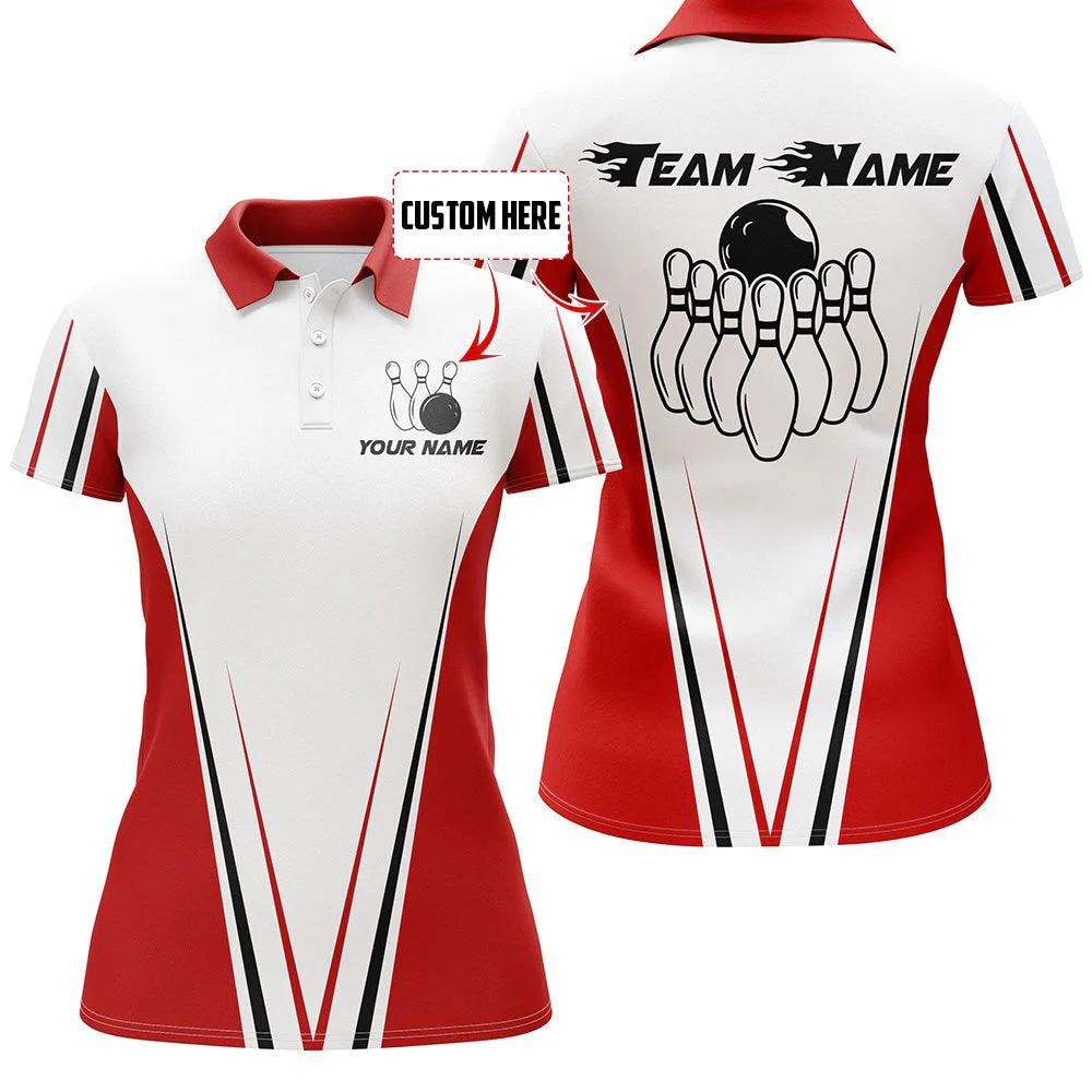 Bowling Custom Women Polo Shirt - Custom Name Red And White Bowling Personalized Bowling Polo Shirt - Gift For Friend, Family, Bowling Lovers - Image 2