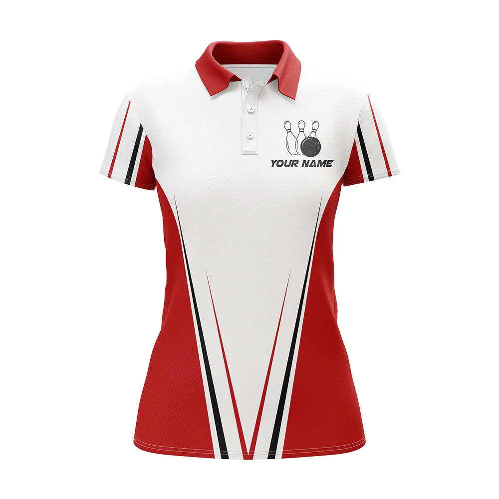 Bowling Custom Women Polo Shirt - Custom Name Red And White Bowling Personalized Bowling Polo Shirt - Gift For Friend, Family, Bowling Lovers - Image 3