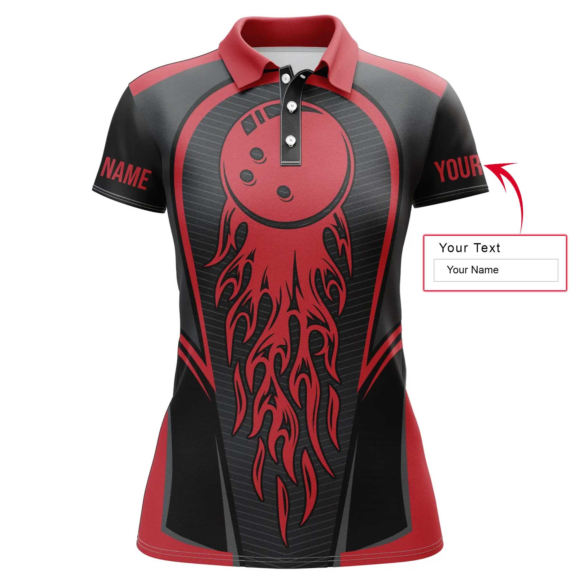 Bowling Custom Women Polo Shirt - Custom Name Red Flaming Bowling Ball Personalized Bowling Polo Shirt - Gift For Friend, Family, Bowling Lovers