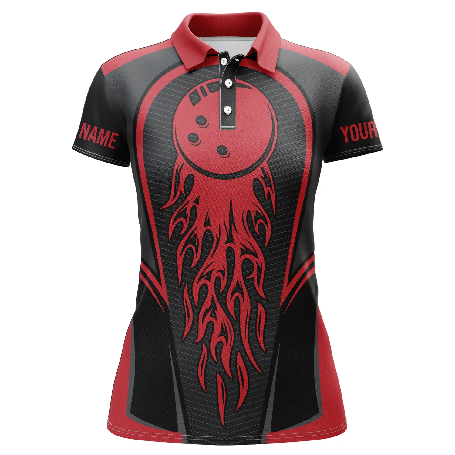 Bowling Custom Women Polo Shirt - Custom Name Red Flaming Bowling Ball Personalized Bowling Polo Shirt - Gift For Friend, Family, Bowling Lovers - Image 2