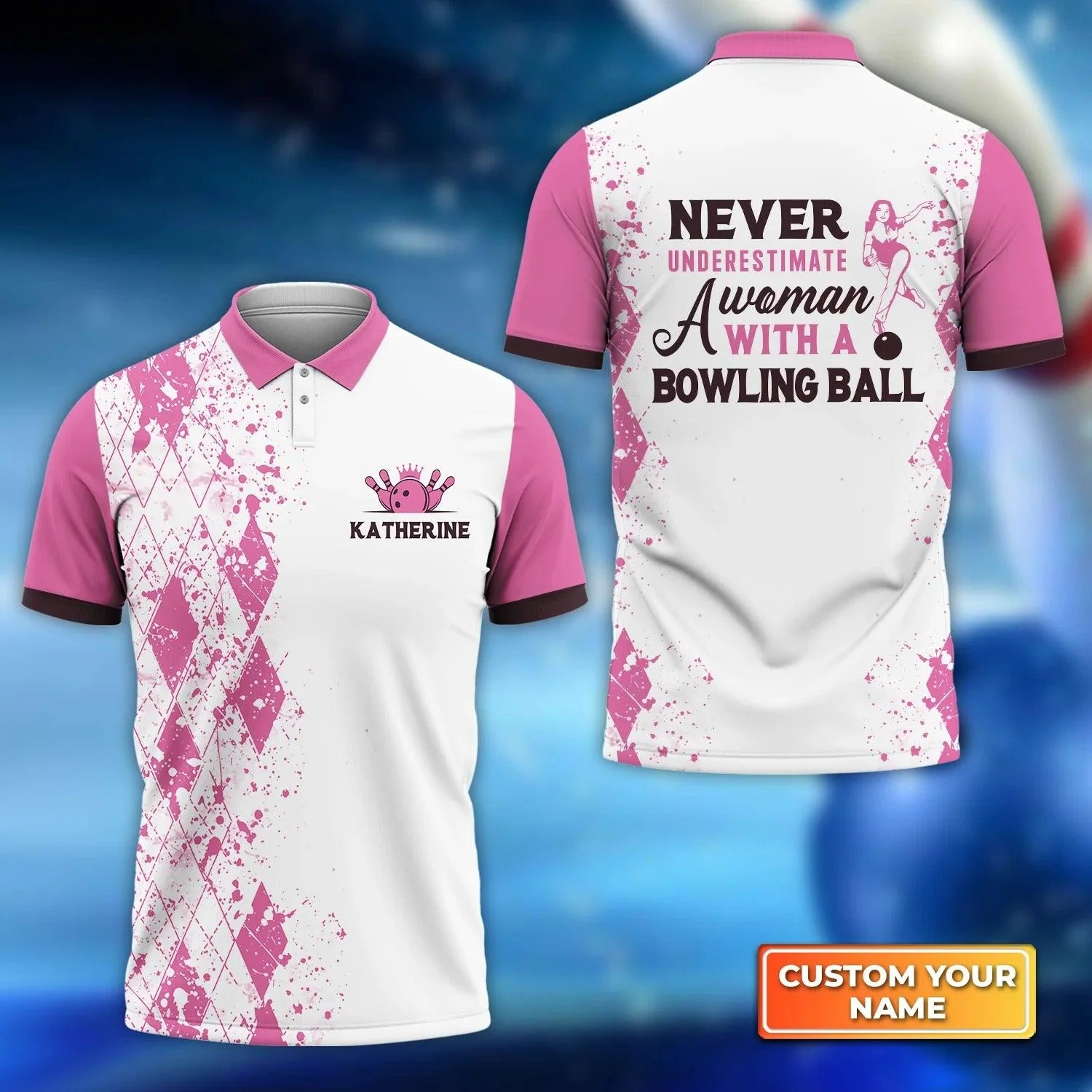 Bowling Custom Women Polo Shirt - Never Underestimate a Woman with a Bowling Ball Pink Personalized Bowling Polo Shirt - Gift For Family, Bowling Lovers - Image 2