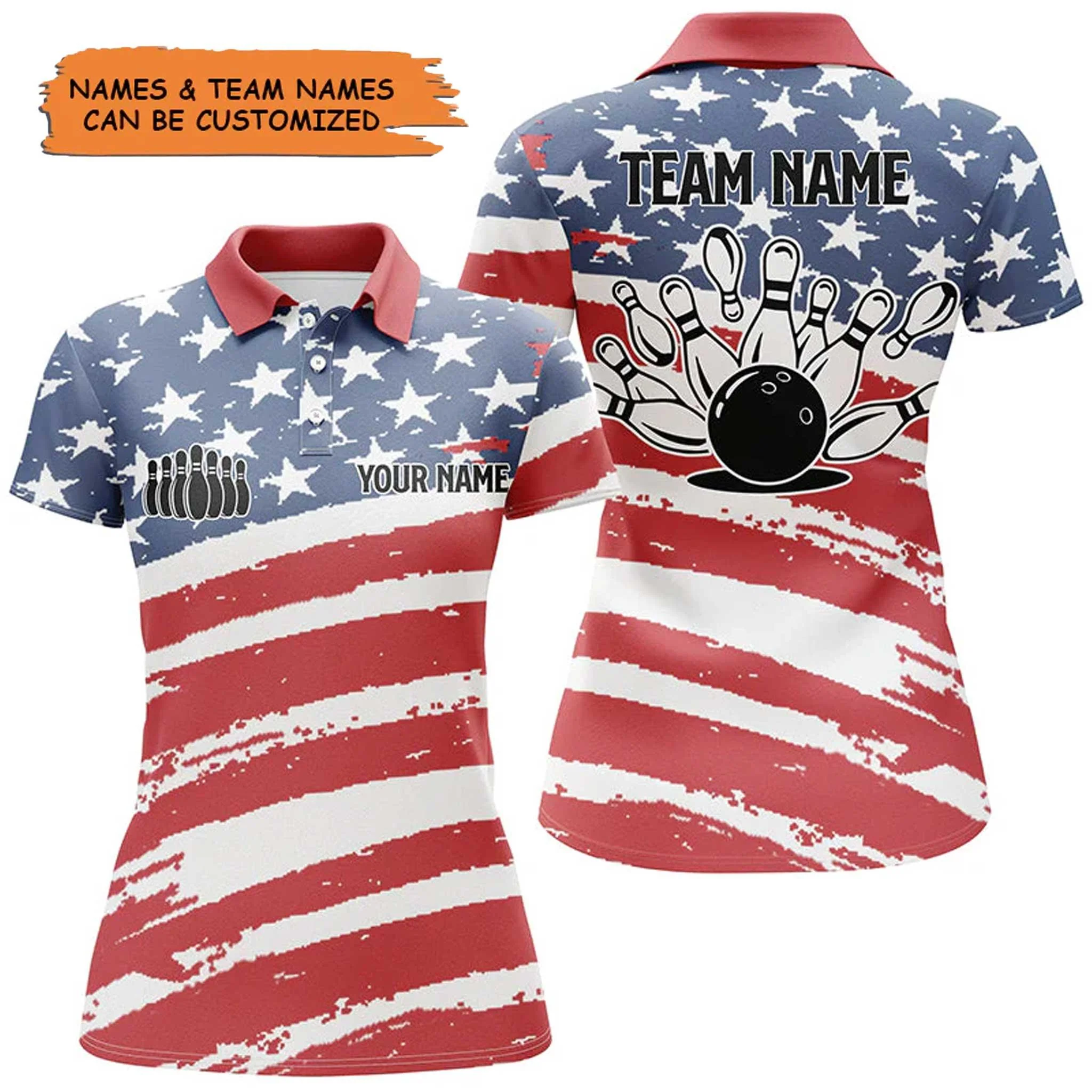 Bowling Custom Women Polo Shirt - Personalized American Flag Patriotic Black Bowling Pins For Female - Gift For Friend, Family, Bowling Lovers
