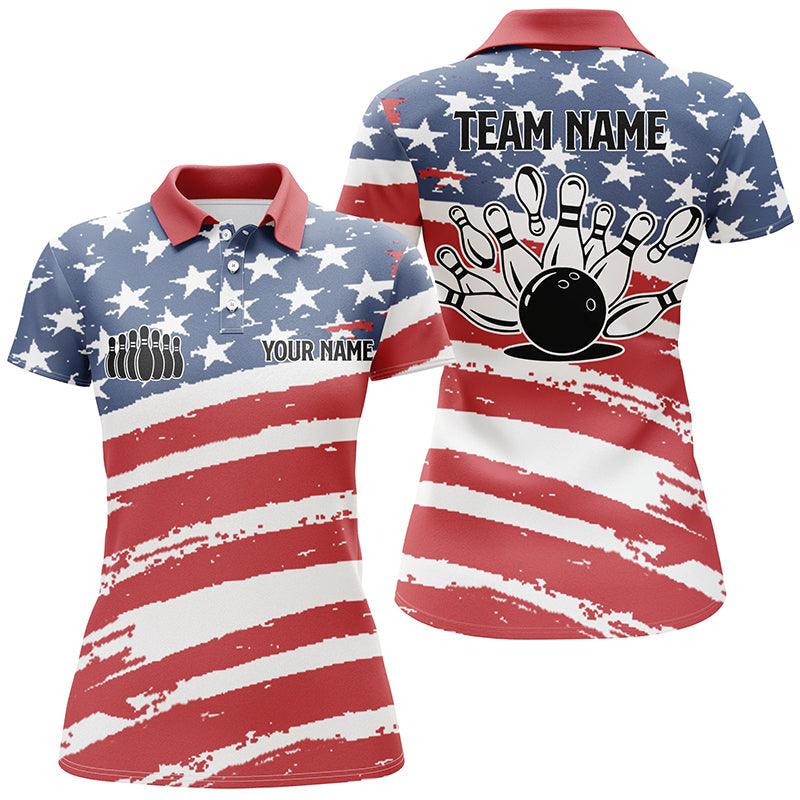 Bowling Custom Women Polo Shirt - Personalized American Flag Patriotic Black Bowling Pins For Female - Gift For Friend, Family, Bowling Lovers - Image 2