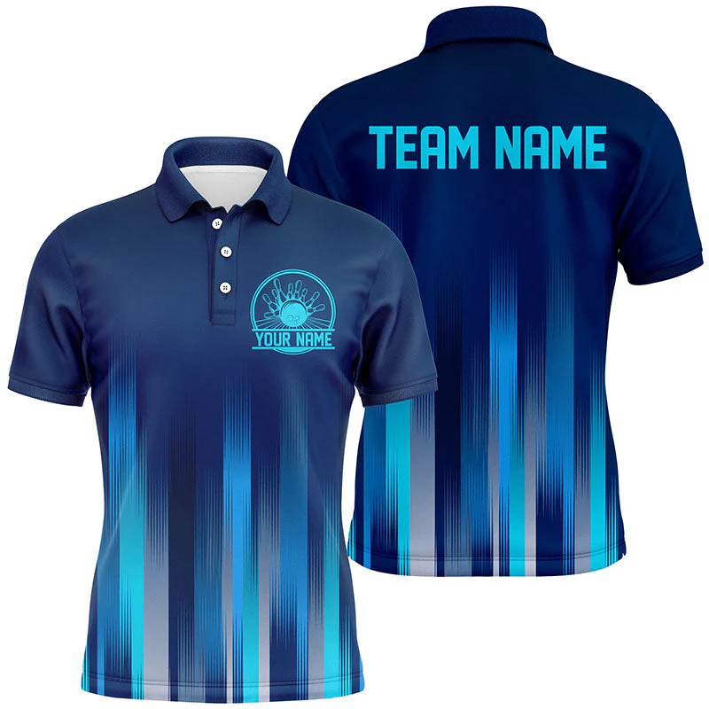 Bowling Customized Blue Jersey Shirt, Blue Stripes Lights Quarter Zip Bowling Shirt For Bowlers, Bowling Team - Image 2