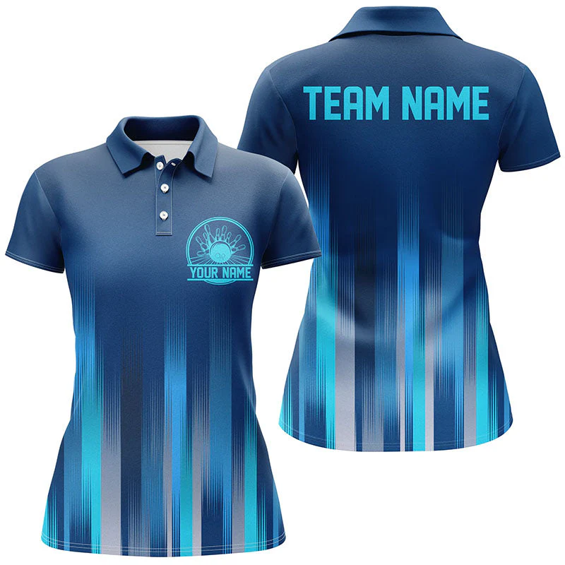 Bowling Customized Blue Jersey Shirt, Blue Stripes Lights Quarter Zip Bowling Shirt For Bowlers, Bowling Team - Image 3