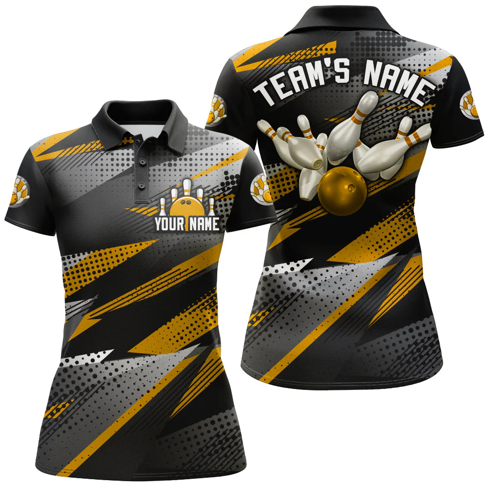 Bowling Customized Jersey Black Gold Shirt Geometric Pattern Bowling Tenpin Quarter Zip Shirt For Bowlers, Bowling Team - Image 3