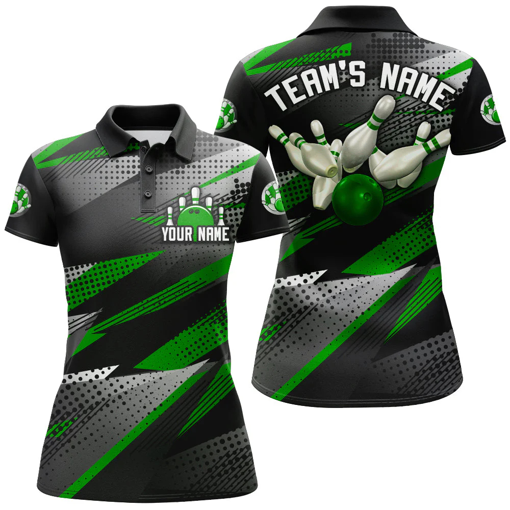 Bowling Customized Jersey Black Green Shirt Geometric Pattern Bowling Tenpin Quarter Zip Shirt For Bowlers, Bowling Team - Image 3
