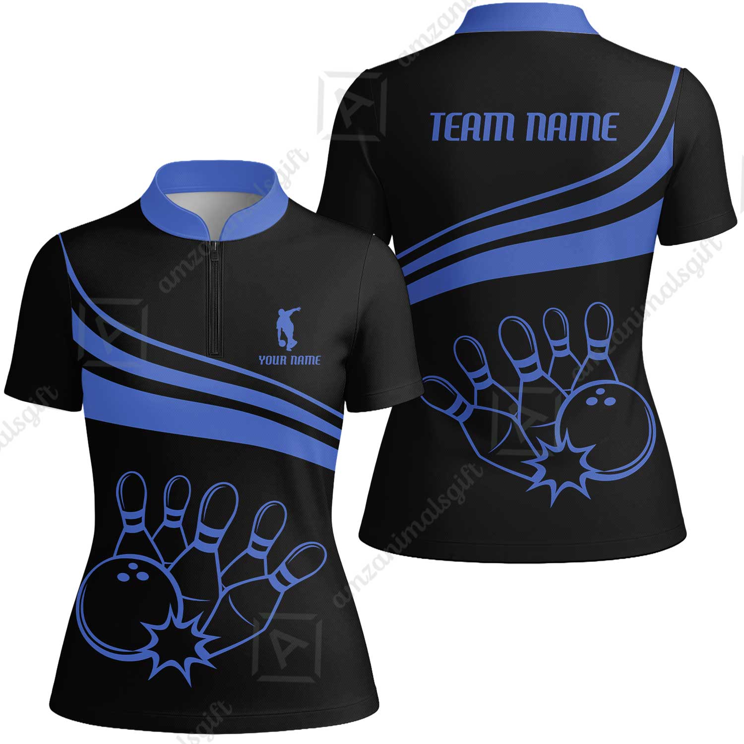 Bowling Customized Jersey Black Shirt Blue Curve Bowling Tenpin Quarter Zip Shirt, Outfit For Bowlers, Bowling Team - Image 15