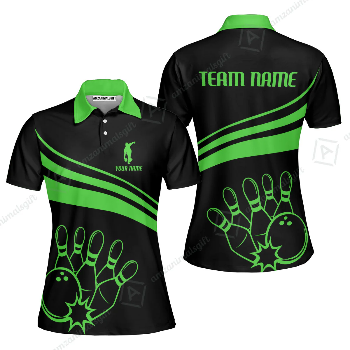 Bowling Customized Jersey Black Shirt Green Curve Bowling Tenpin Quarter Zip Shirt, Outfit For Bowlers, Bowling Team - Image 3