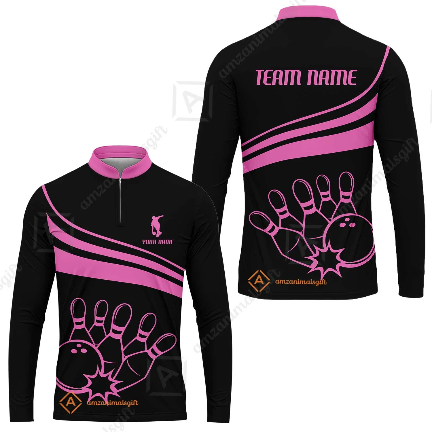 Bowling Customized Jersey Black Shirt Pink Curve Bowling Tenpin Quarter Zip Shirt, Outfit For Bowlers, Bowling Team - Image 14
