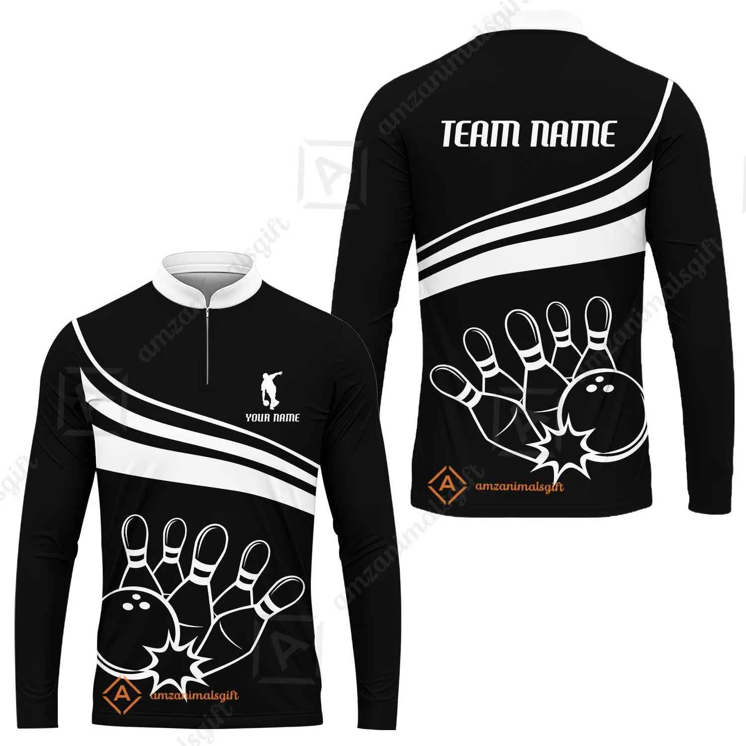 Bowling Customized Jersey Black Shirt White Curve Bowling Tenpin Quarter Zip Shirt, Outfit For Bowlers, Bowling Team - Image 14